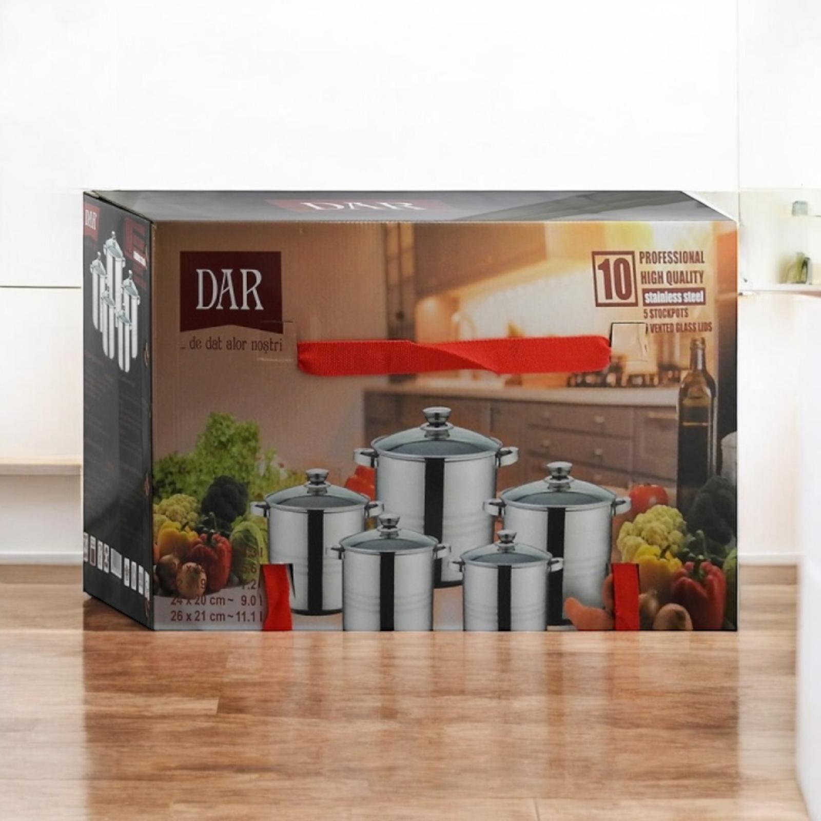 SET 10 PCS, 5 OALE INOX, CU 5 CAPACE STICLA, 4.3L 5.6L 7.2L 9L 11.1L