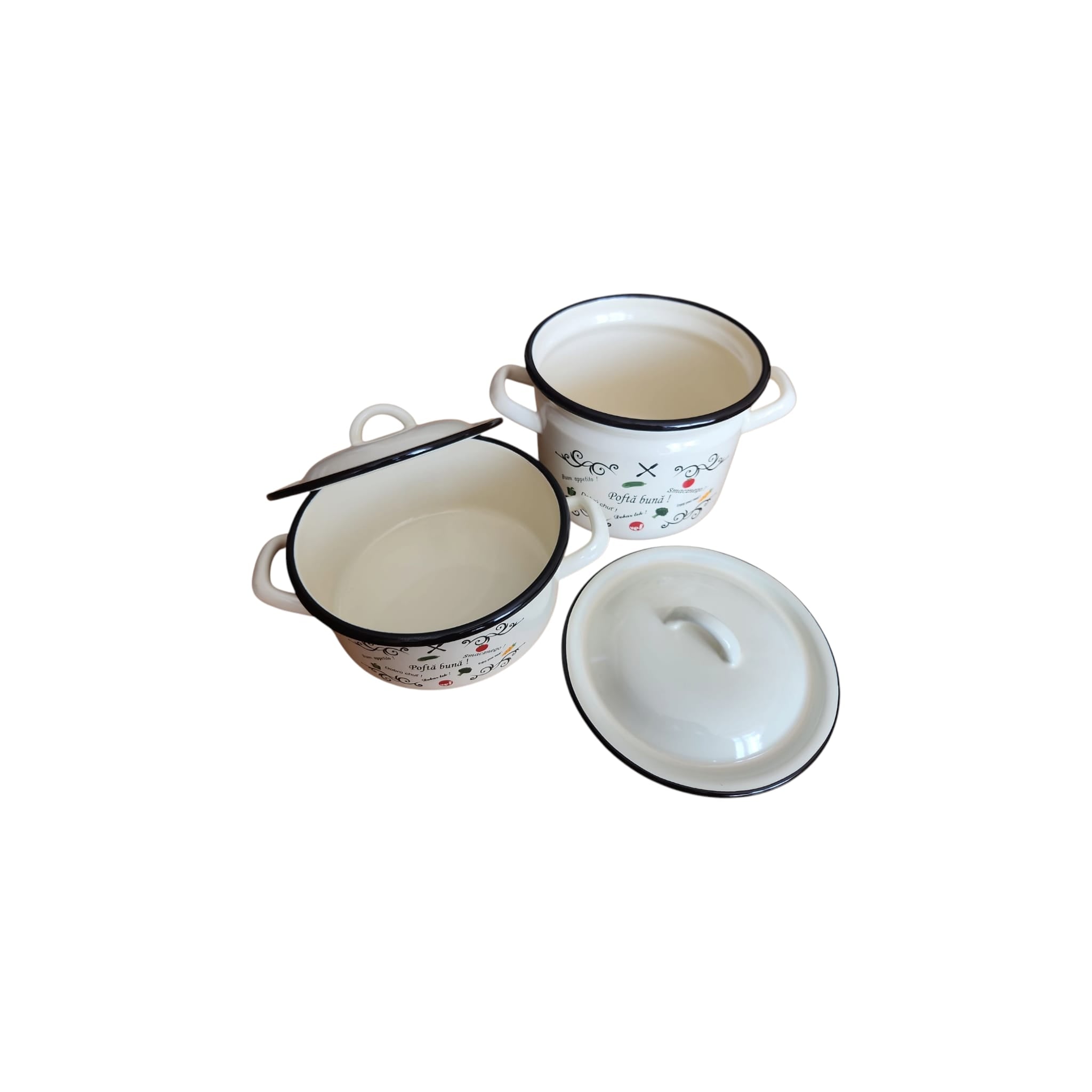 Set 2 vase emailate, decor Pofta buna, cu capace, cratiță 2 litri si oală 3,5 litri, diametru 18 cm