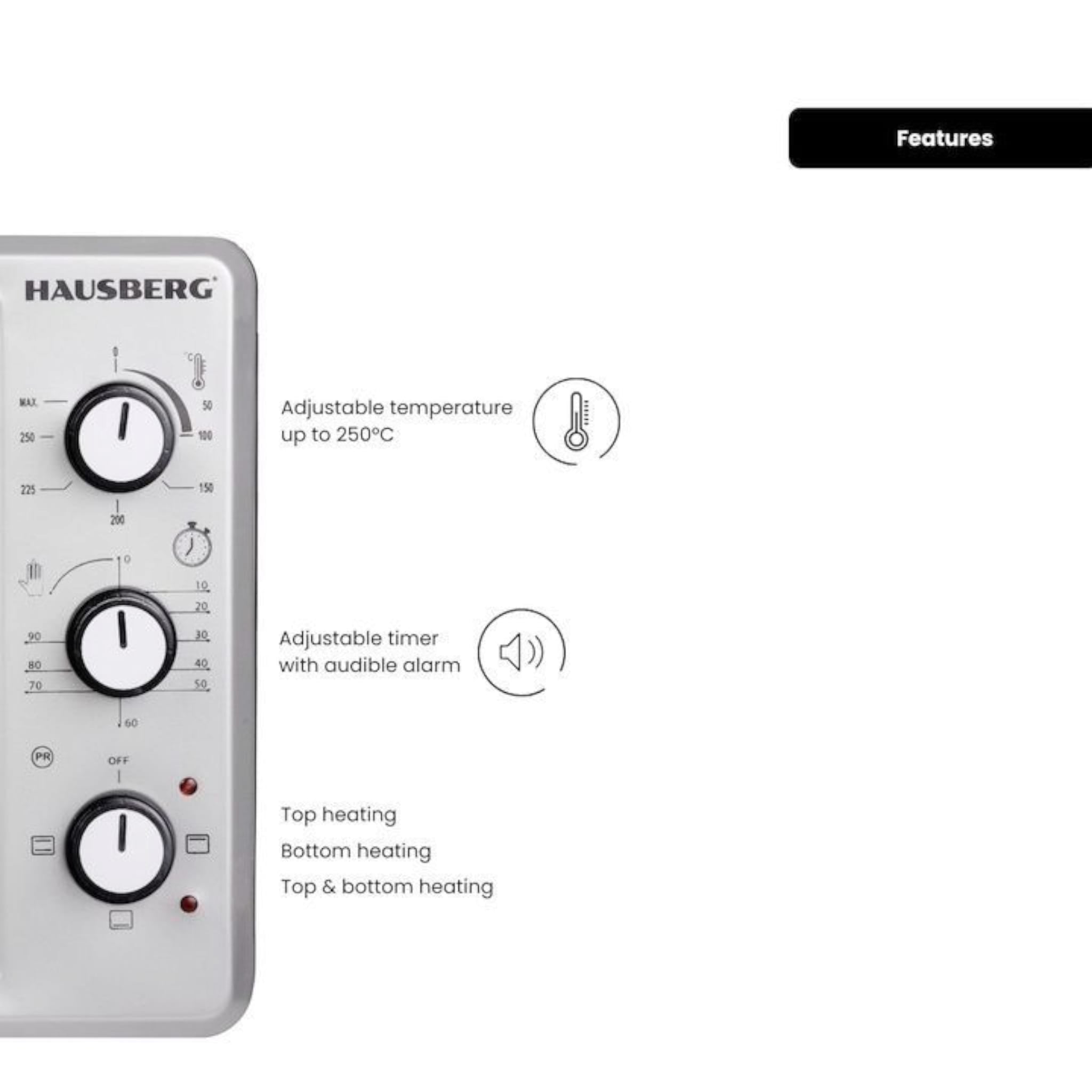 Cuptor Electric Hausberg HB-8000P capacitate 48 Litri, putere 1800W, Temperatura maxima 230 grade, timer prevazut cu alarma sonora