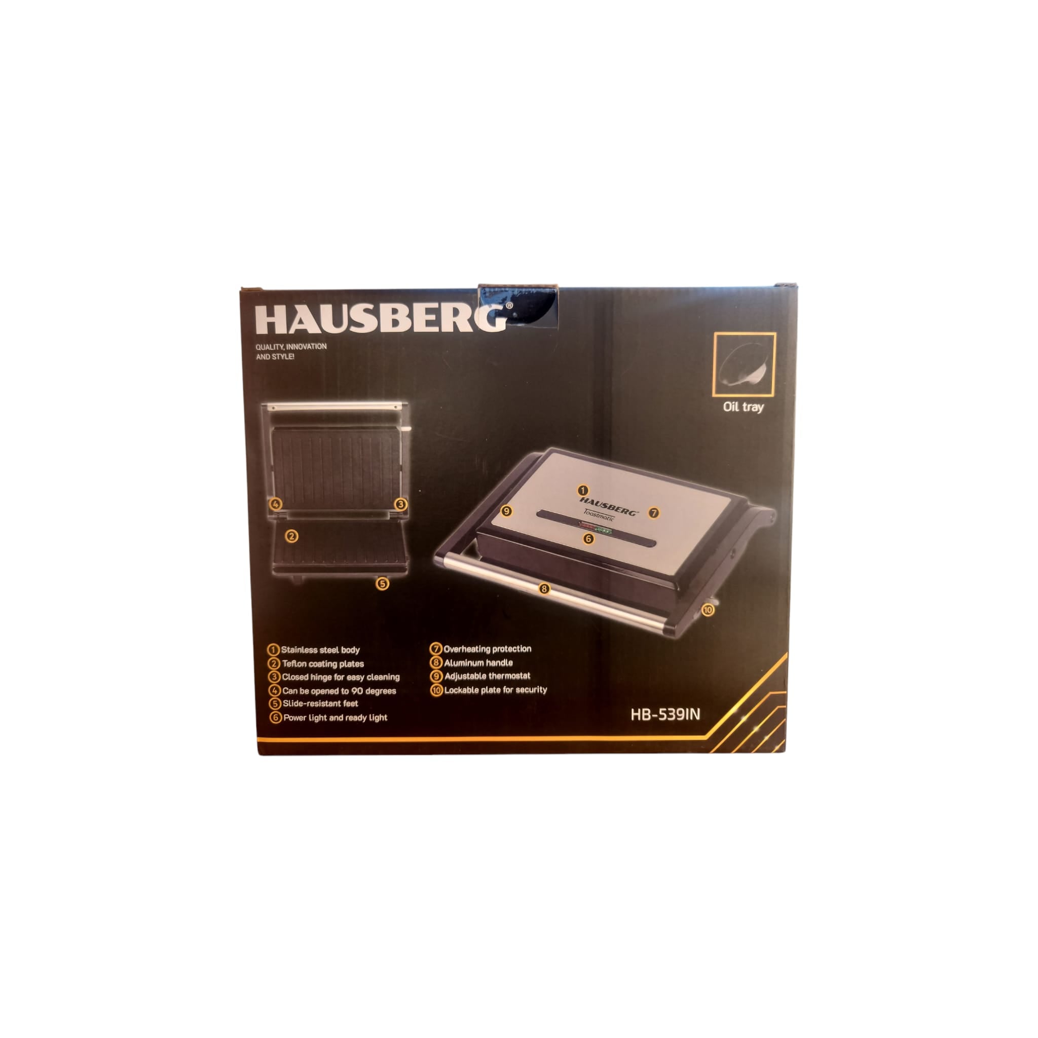 Sandwich maker & grill HAUSBERG HB-539IN, 1100-1300W, Termostat reglabil, Placi acoperite cu granit, Corp din Inox