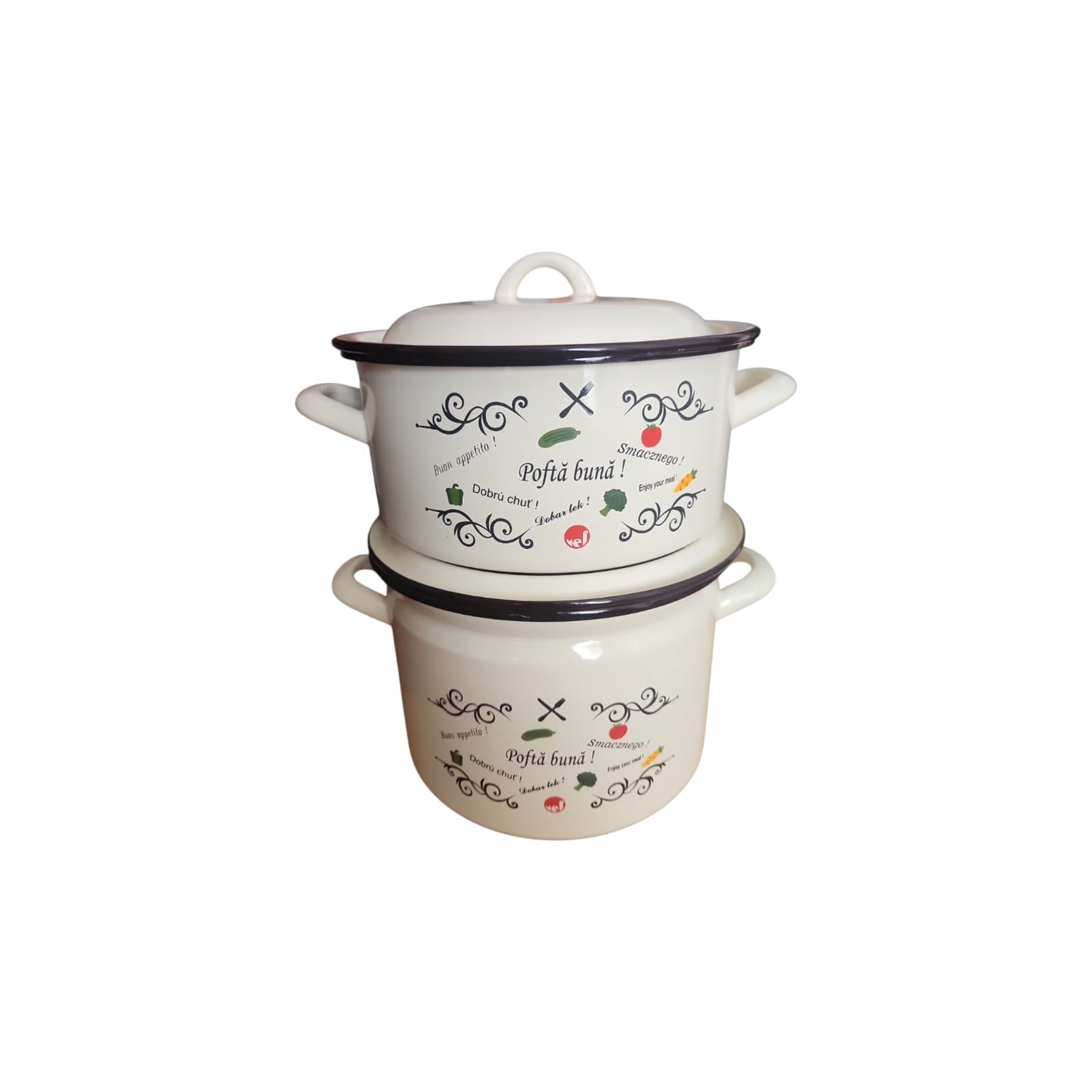Set 2 vase emailate, decor Pofta buna, cu capace, cratiță 4 litri si oală 6 litri, diametru 22 cm