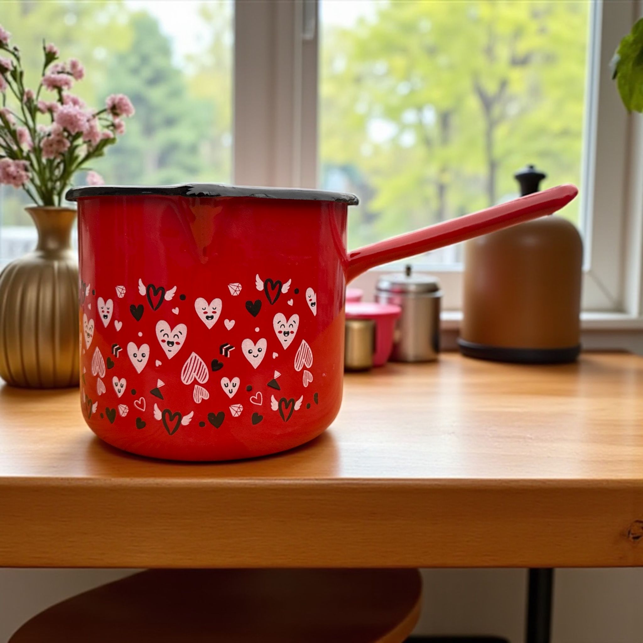 Ibric emailat cu cioc, 1.5 L, gradat pe interior – model „Hearts”, roșu