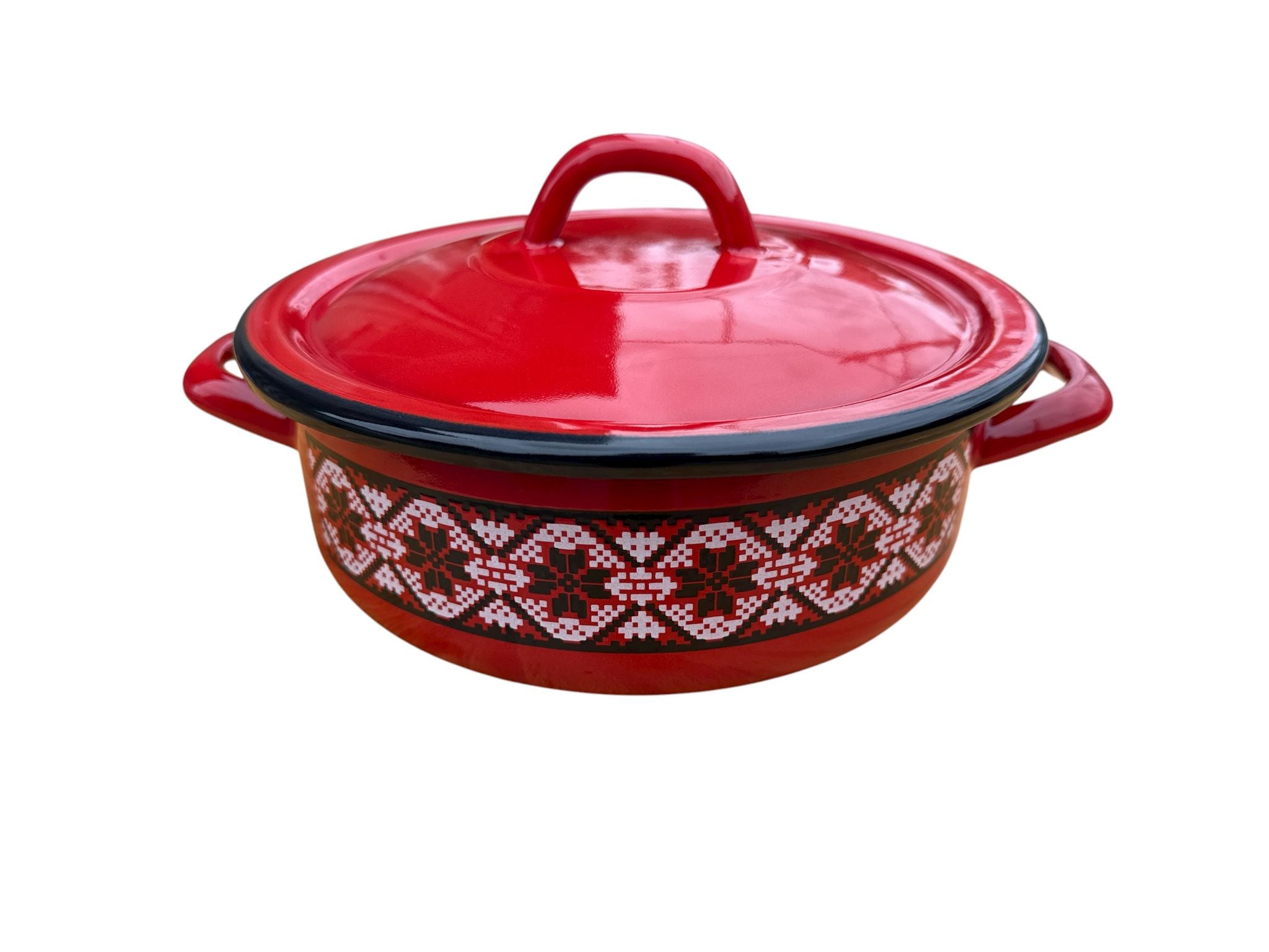 Cratiță emailată 3 L Ø21 cm cu capac – Decor tradițional