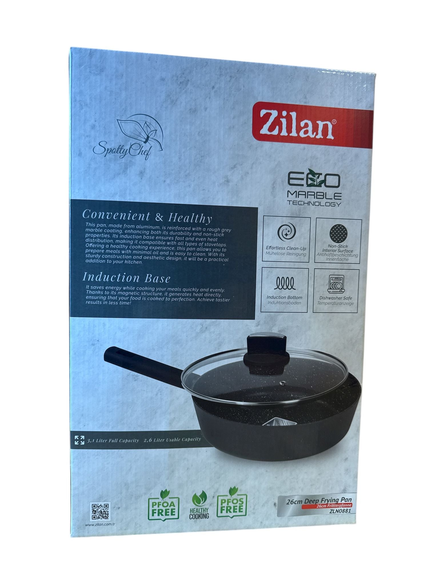 Tigaie adâncă cu capac Zilan – 26 cm, Eco Marble, compatibilă inducție (3,1 L)