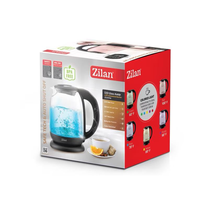 Fierbător electric Zilan ZLN-3956 – 1.7L, 2200W, sticlă termorezistentă, lumină LED colorată și oprire automată 💡
