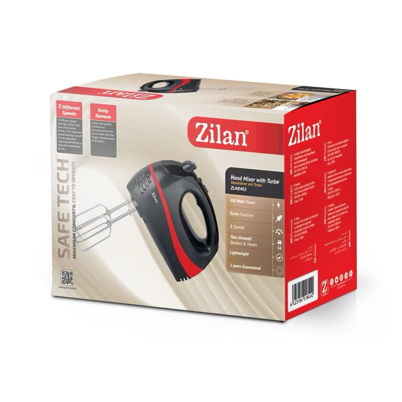 Mixer de mână Zilan ZLN 8401 – 300 W, 5 viteze + funcție Turbo, 2 seturi de teluri din inox, design ergonomic roșu-negru 🔥