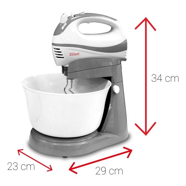 Mixer cu bol Zilan ZLN 8419 – 300W, 5 viteze + funcție Turbo, bol rotativ 2.5L, 2 seturi de teluri din inox, design 2 în 1 🧁