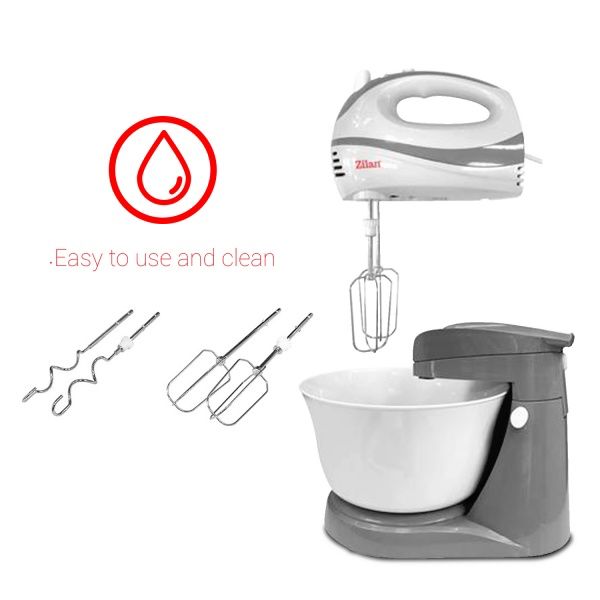 Mixer cu bol Zilan ZLN 8419 – 300W, 5 viteze + funcție Turbo, bol rotativ 2.5L, 2 seturi de teluri din inox, design 2 în 1 🧁