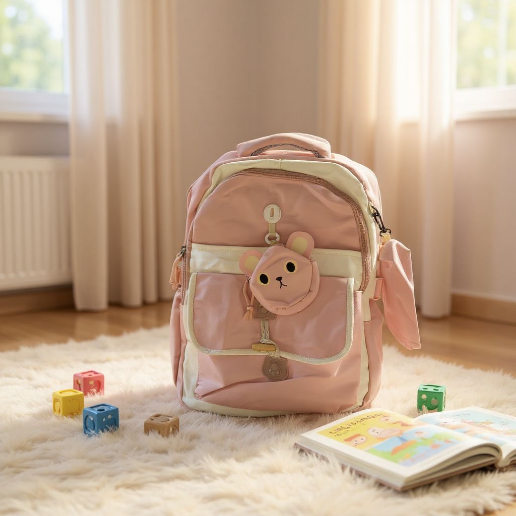 🎀 Rucsac Roz Școlar cu Breloc Ursuleț – Spațios, Practic și Adorabil