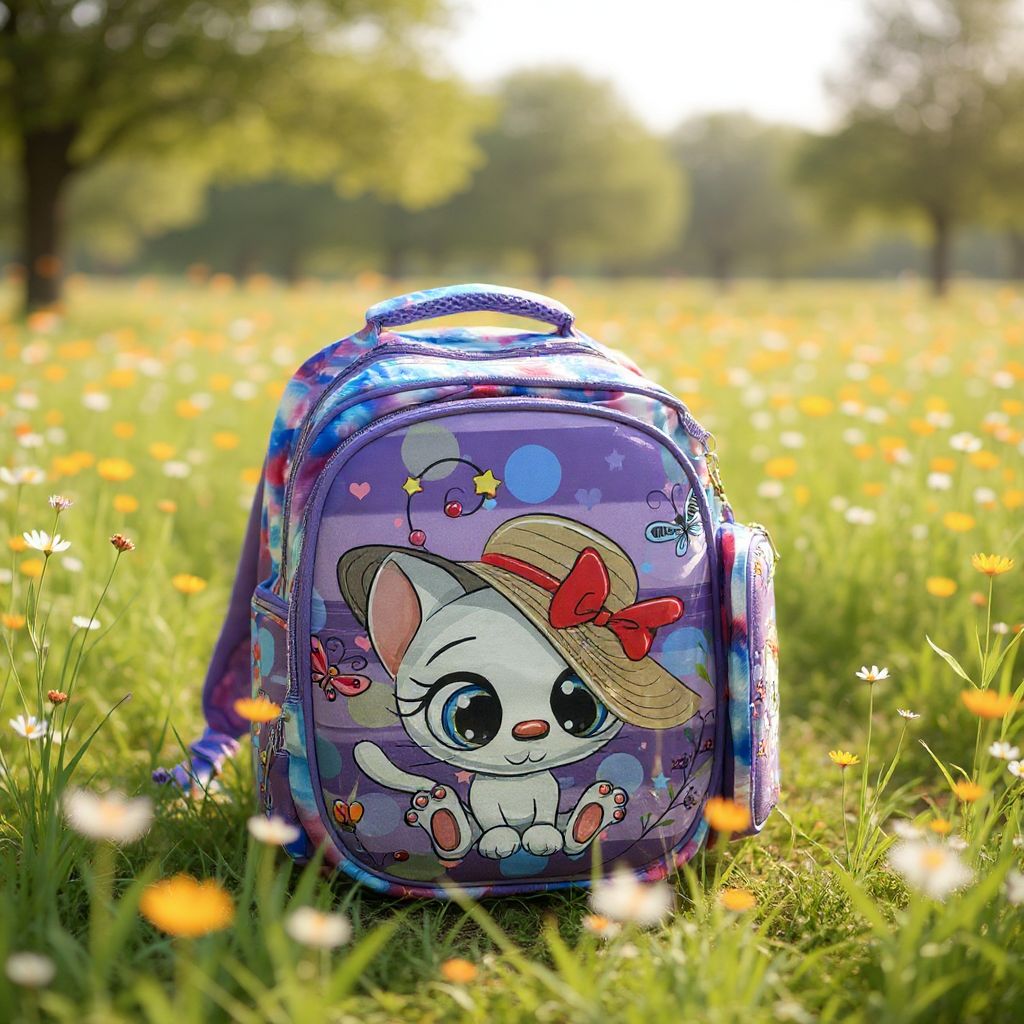 🎒 Rucsac Școlar Mov cu Pisicuță Drăgălașă – Practic, Rezistent și Atractiv pentru Fetițe