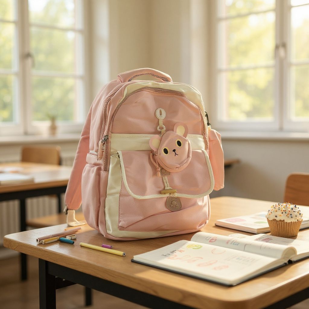 🎀 Rucsac Roz Școlar cu Breloc Ursuleț – Spațios, Practic și Adorabil