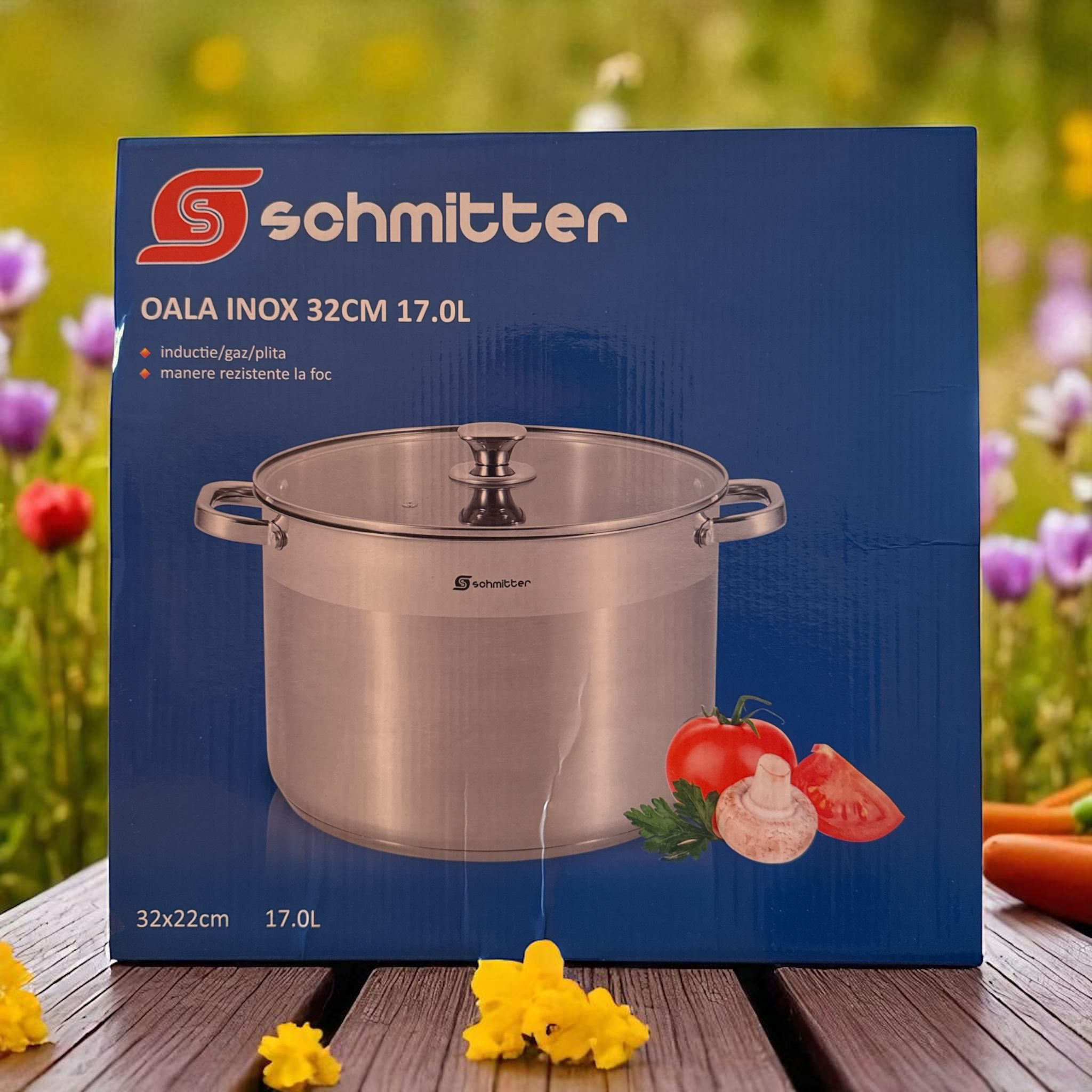 Oală din Inox Schmitter 32 cm / 17L – Fund Termoradiant 5 Straturi & Capac din Sticlă