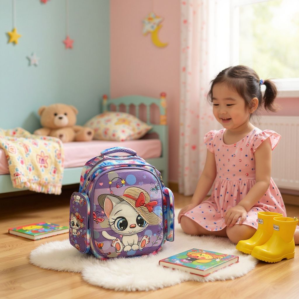 🎒 Rucsac Școlar Mov cu Pisicuță Drăgălașă – Practic, Rezistent și Atractiv pentru Fetițe