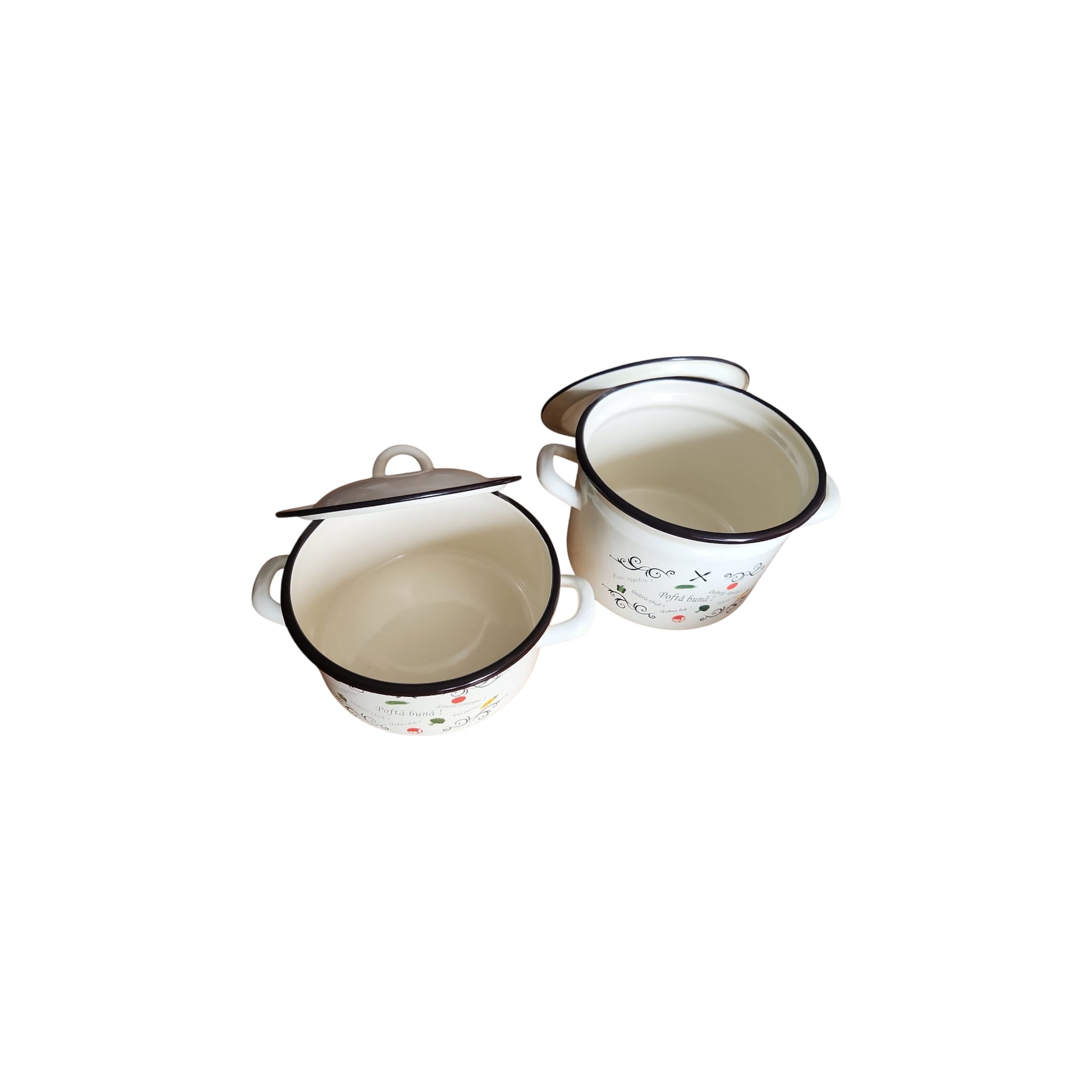 Set 2 vase emailate, decor Pofta buna, cu capace, cratiță 3 litri si oală 5 litri, diametru 20 cm