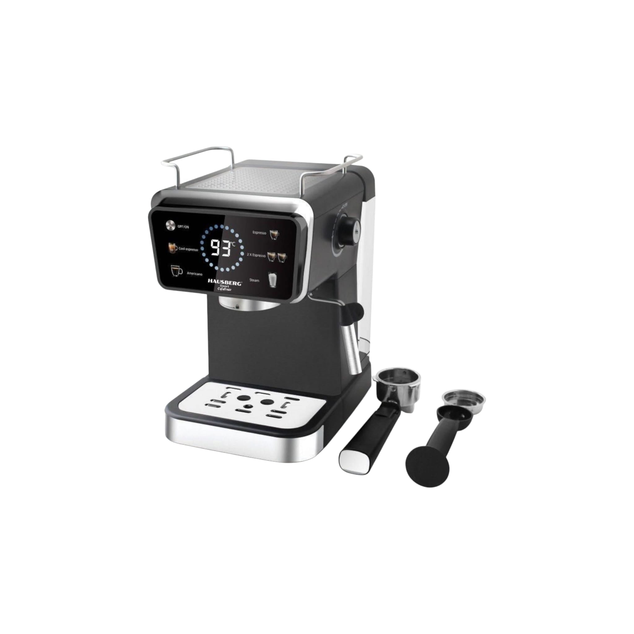 Espressor 2 in 1 HAUSBERG HB-3730IN, Hot & Cold, 20 bari, 1350 W, 1, 5 L, Protectie la Supraincalzire si Suprapresiune, ERP, NTC, PID, Timer, Display, Spumare, Cafea macinata si capsule
