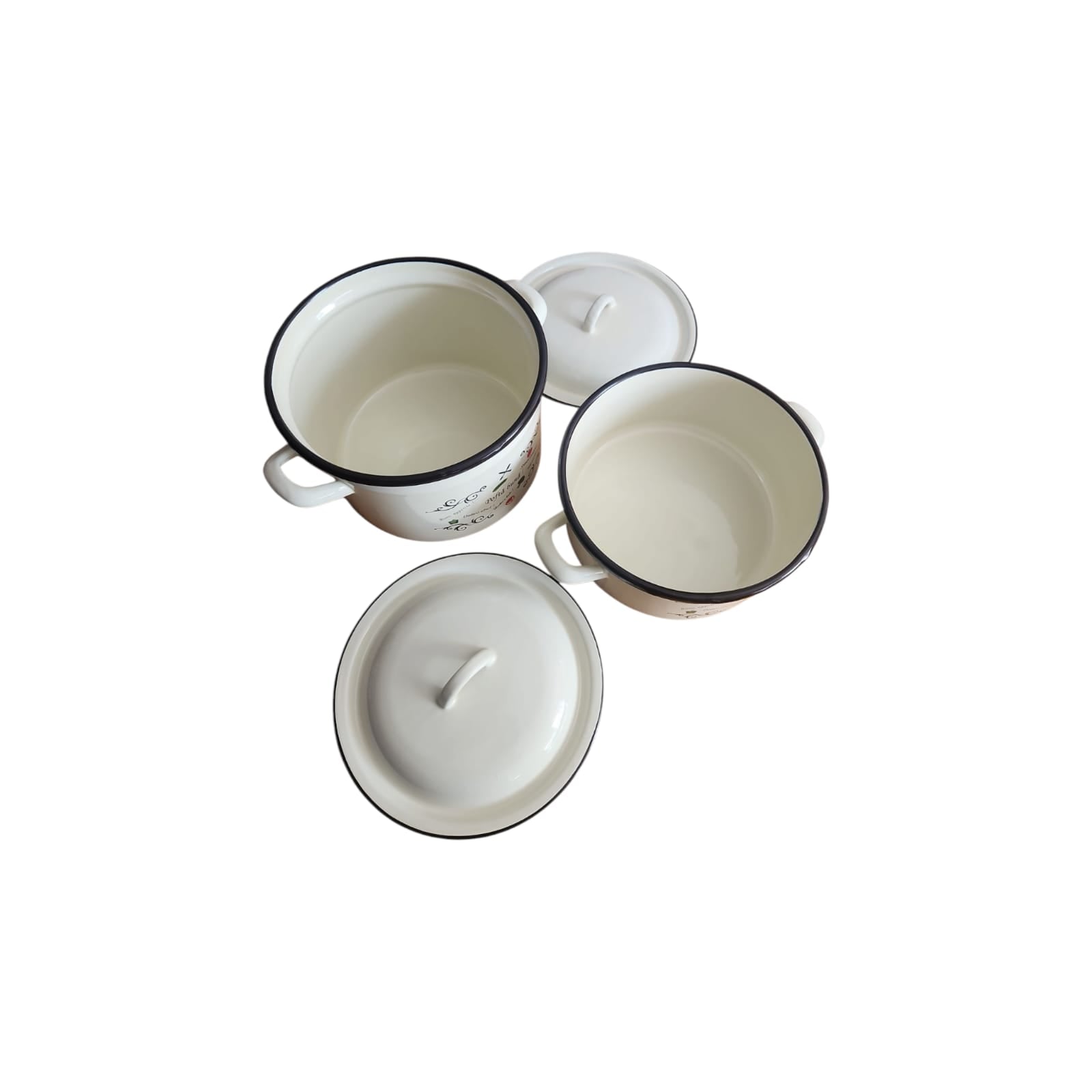 Set 2 vase emailate, decor Pofta buna, cu capace, cratiță 4 litri si oală 6 litri, diametru 22 cm