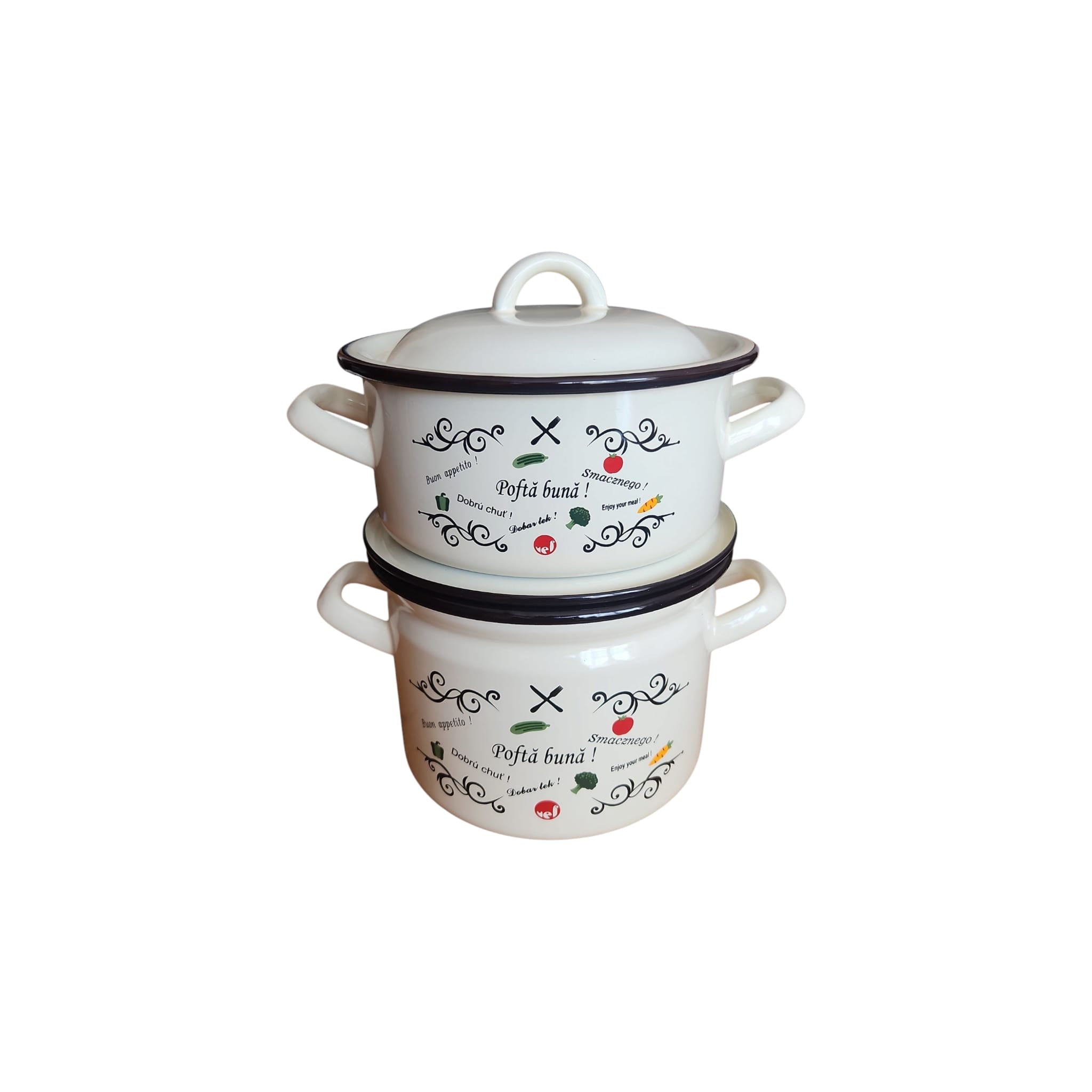 Set 2 vase emailate, decor Pofta buna, cu capace, cratiță 2 litri si oală 3,5 litri, diametru 18 cm