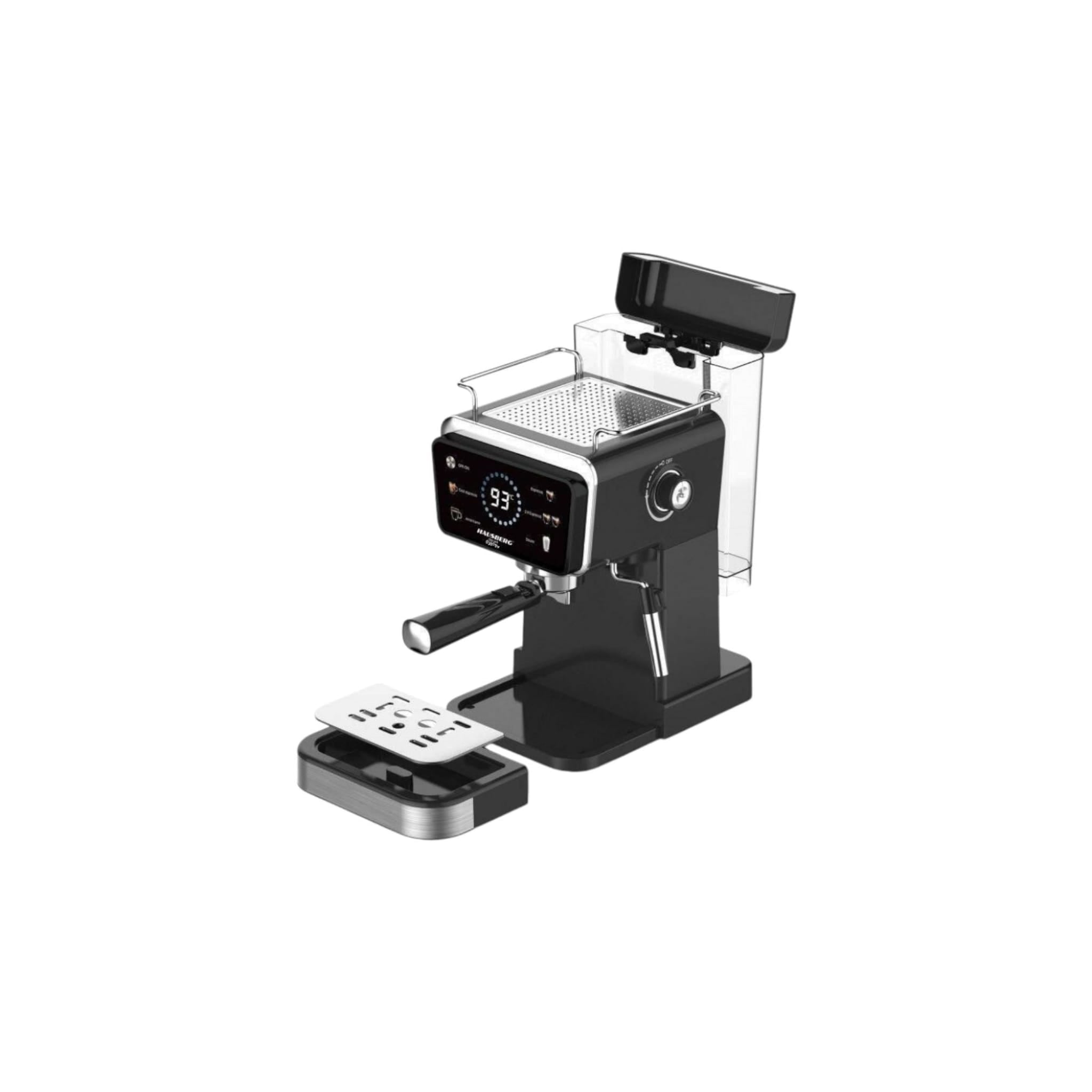 Espressor 2 in 1 HAUSBERG HB-3730IN, Hot & Cold, 20 bari, 1350 W, 1, 5 L, Protectie la Supraincalzire si Suprapresiune, ERP, NTC, PID, Timer, Display, Spumare, Cafea macinata si capsule