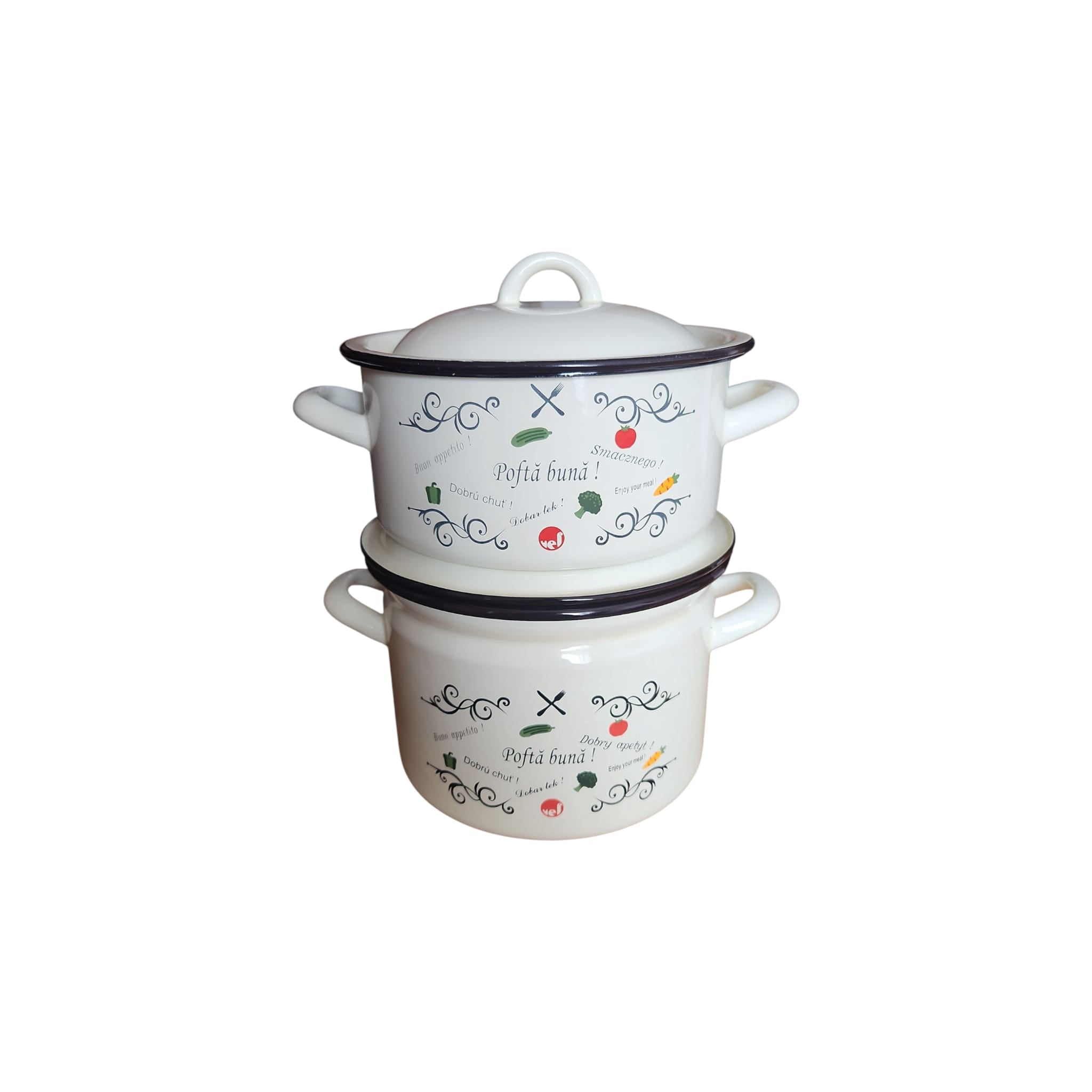 Set 2 vase emailate, decor Pofta buna, cu capace, cratiță 3 litri si oală 5 litri, diametru 20 cm