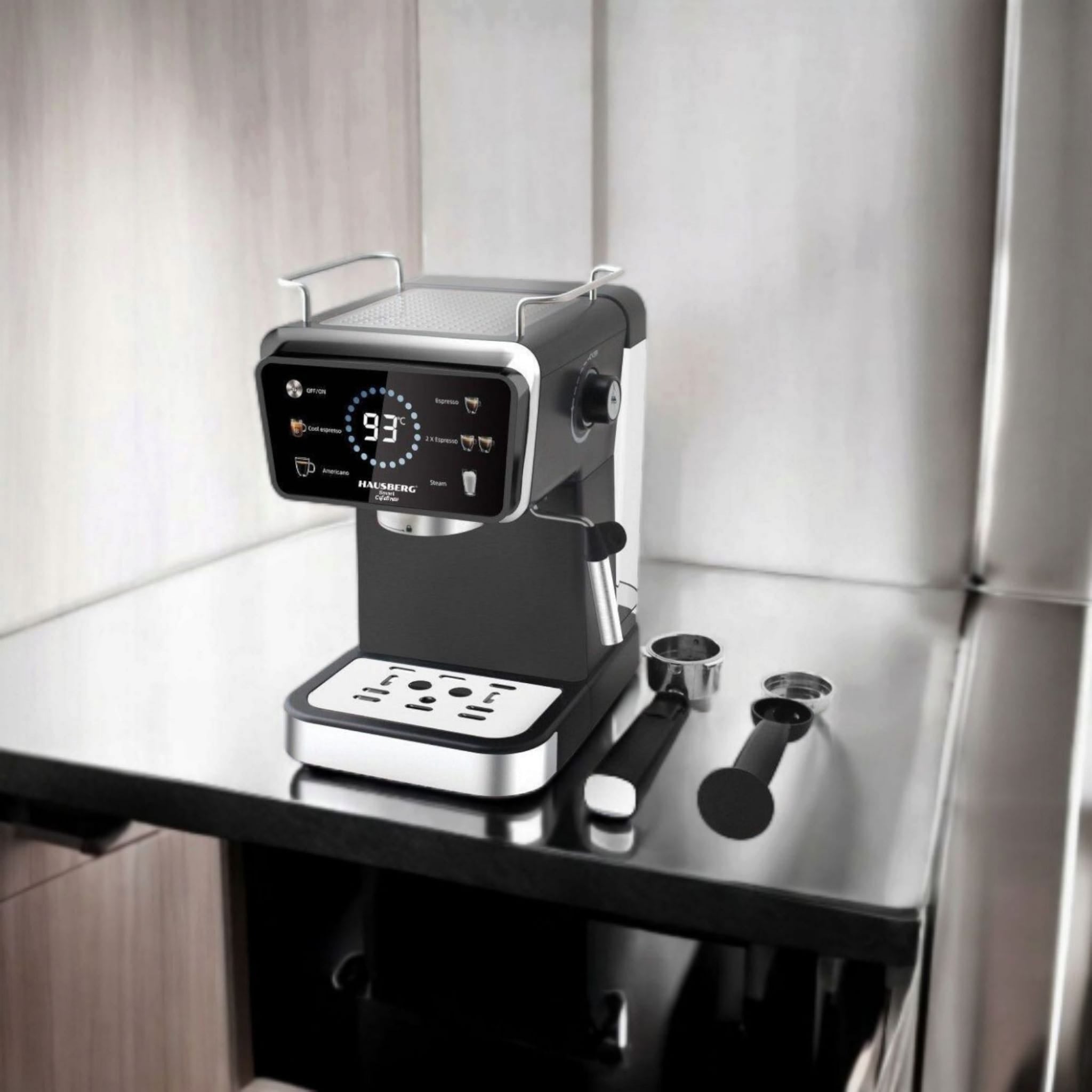 Espressor 2 in 1 HAUSBERG HB-3730IN, Hot & Cold, 20 bari, 1350 W, 1, 5 L, Protectie la Supraincalzire si Suprapresiune, ERP, NTC, PID, Timer, Display, Spumare, Cafea macinata si capsule