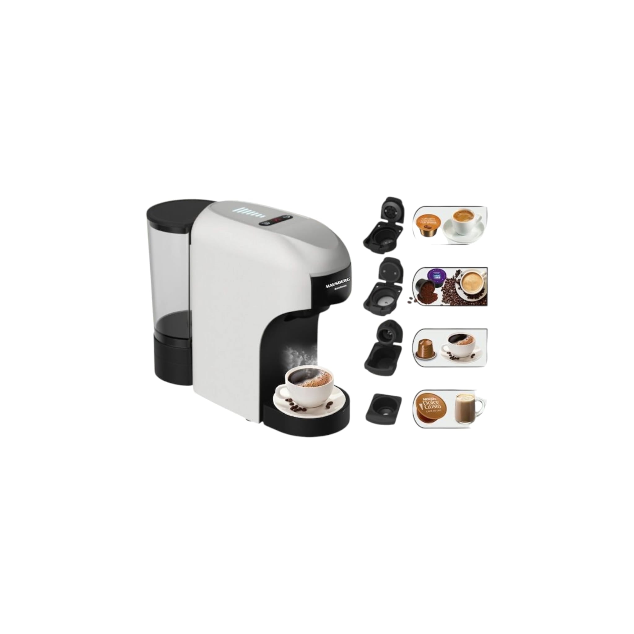 Espressor 4 in 1, Multi-Capsule, HAUSBERG HB-3735AB, 1400 W, 15 bari, functie eco, capacitate rezervor 850 ml, Alb-Negru