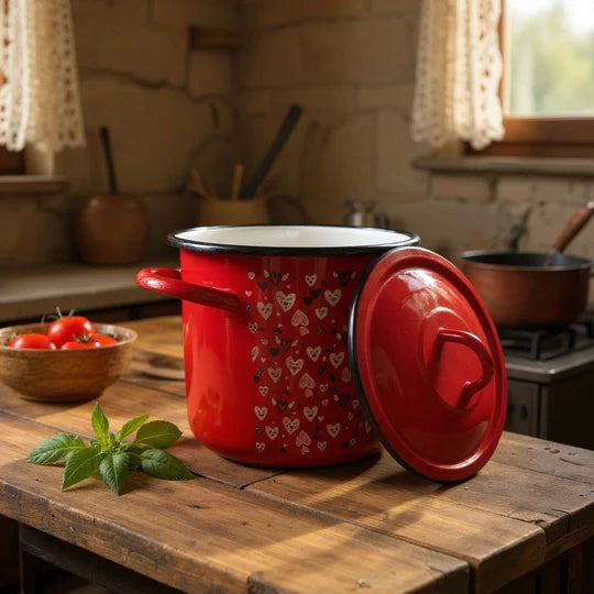 Set 3 piese oale & cratiță emailate (7 L + 2 L + 2,5 L) – roșu + CADOU ibric emailat 1,5 L