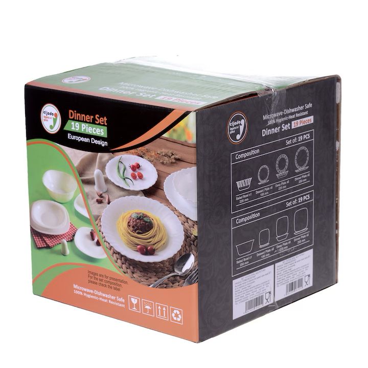 🍽️ Serviciu de masă Eljado Opal Alb – 19 Piese, Design European Elegant