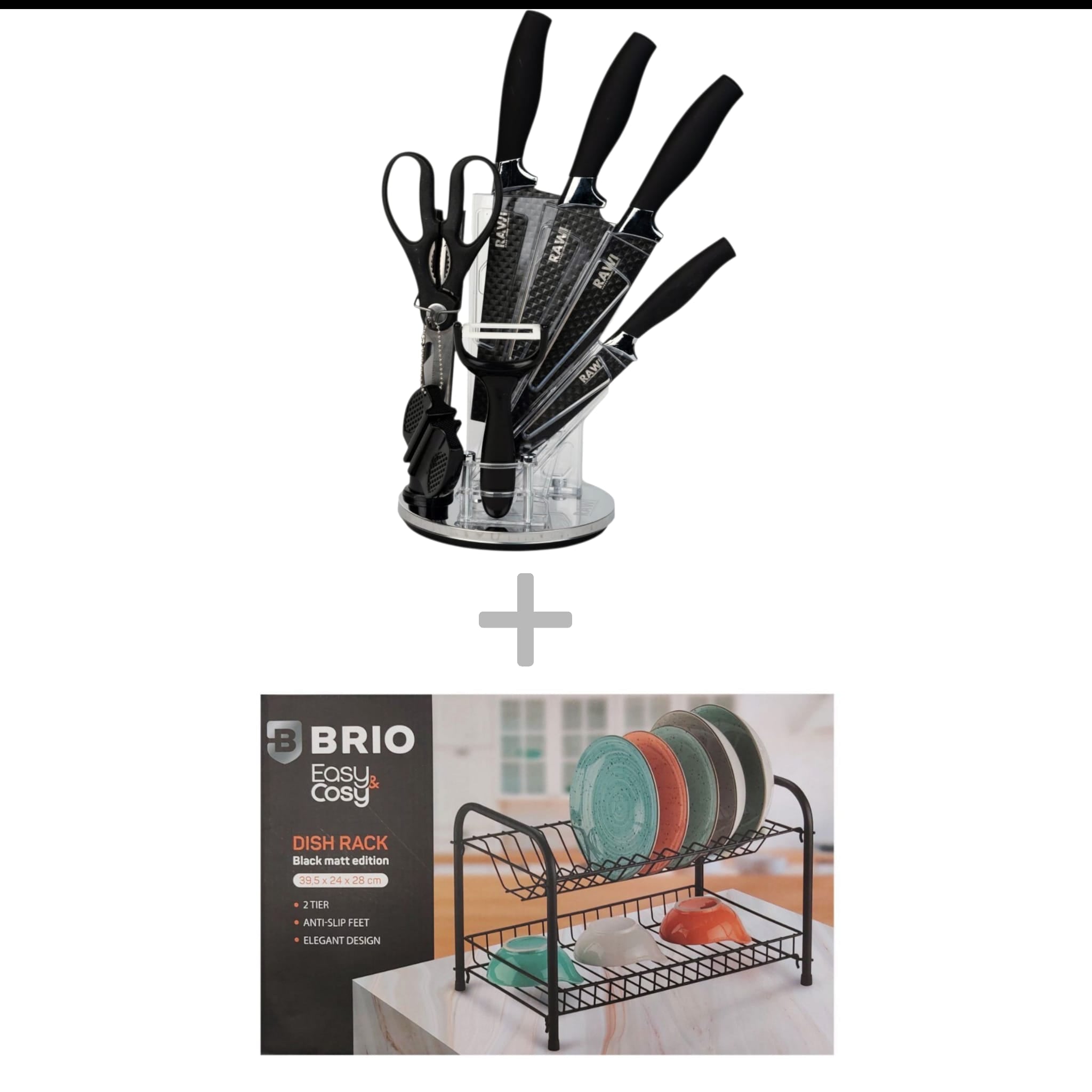 Set Cuțite 8 piese + Suport scurgator vase 39,5x24x28 cm