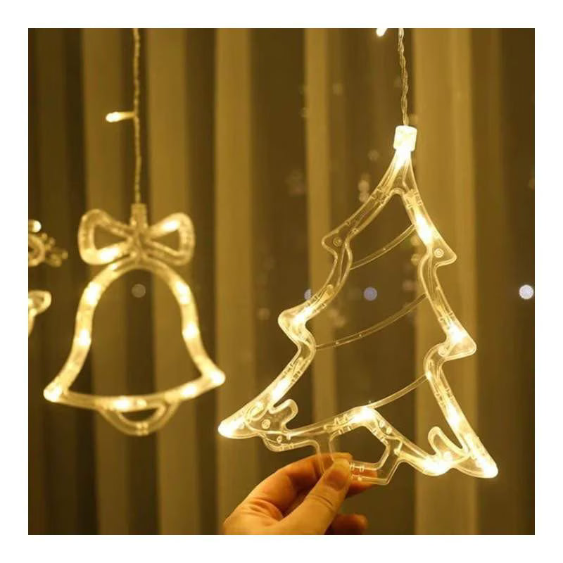 🎄 Instalație de Crăciun Tip Perdea – Brazi, Reni și Clopoței – Lumină Caldă ✨