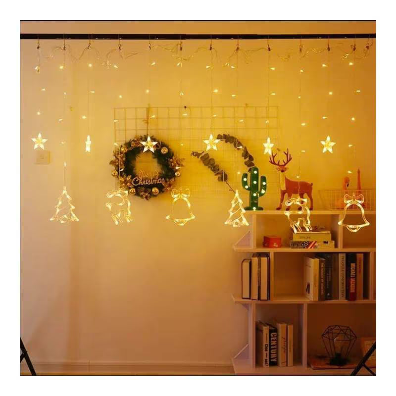 🎄 Instalație de Crăciun Tip Perdea – Brazi, Reni și Clopoței – Lumină Caldă ✨