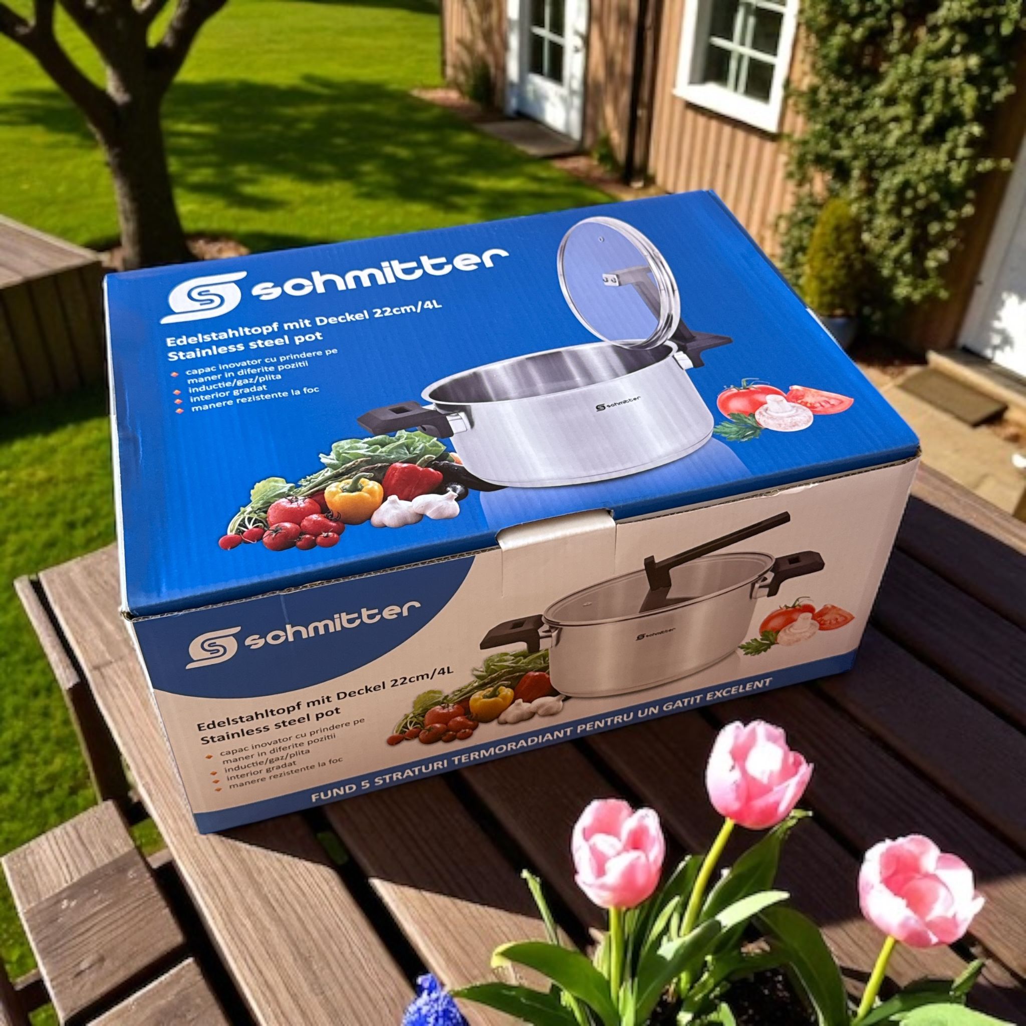 Oală din Inox Schmitter 22 cm / 4L – Capac Inovator & Fund 5 Straturi