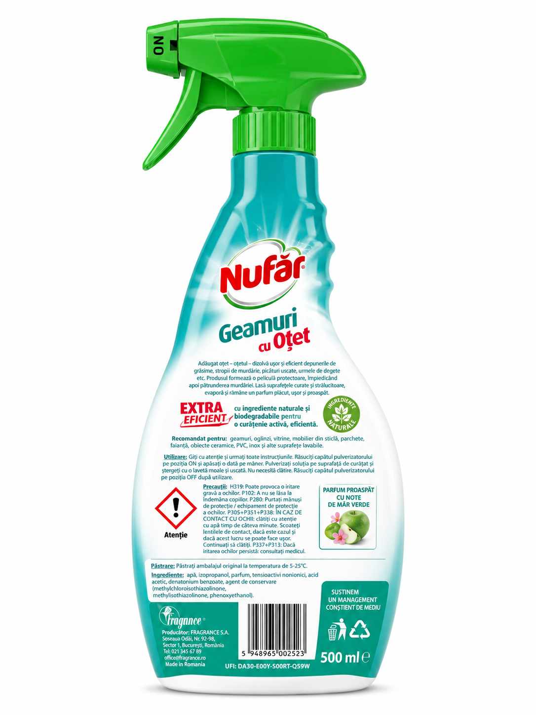 Spray pentru Geamuri Nufar cu Otet 500 ml
