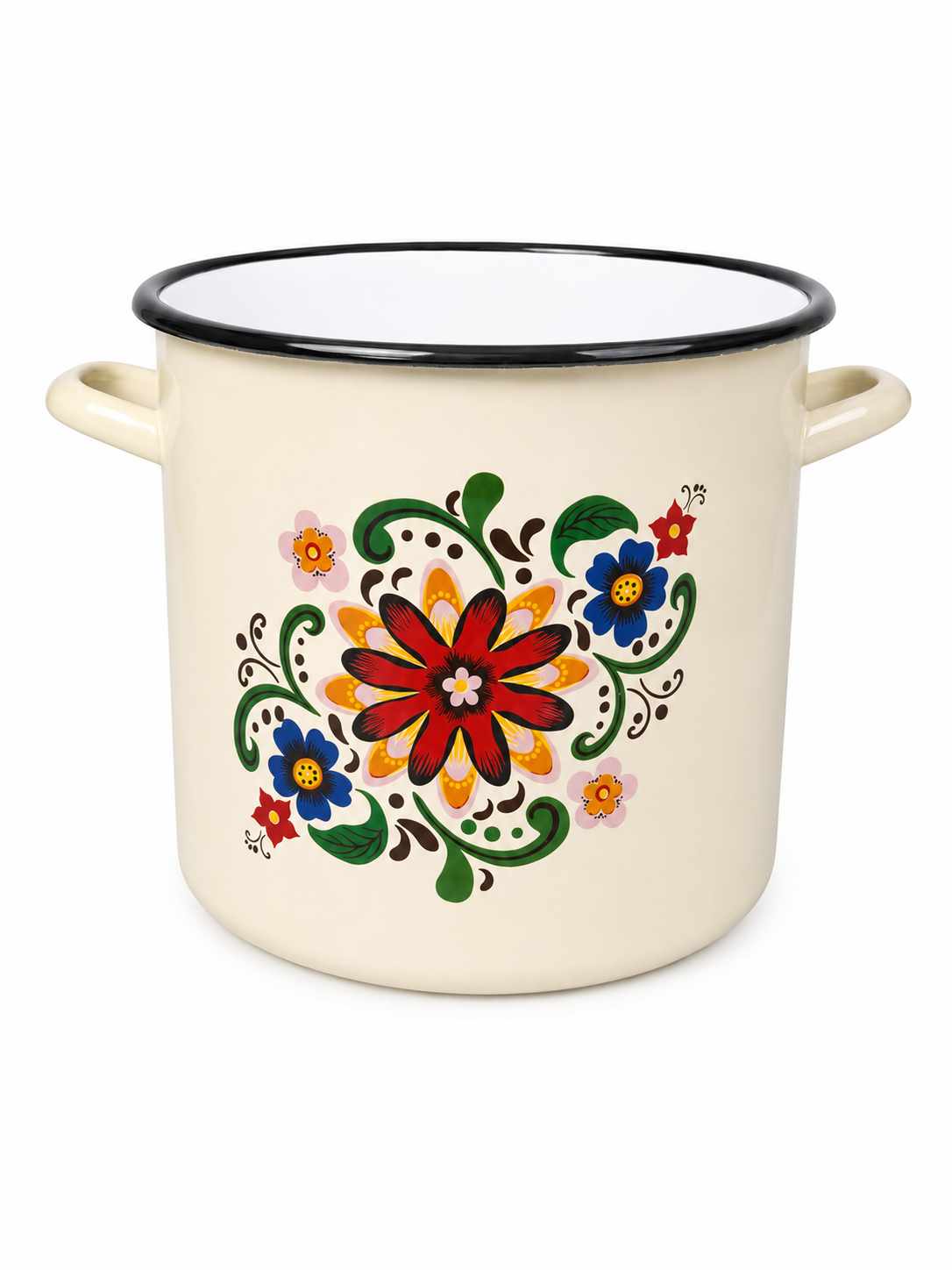 Oala Emailata Crem cu Decor Floral si Capac 23 cm