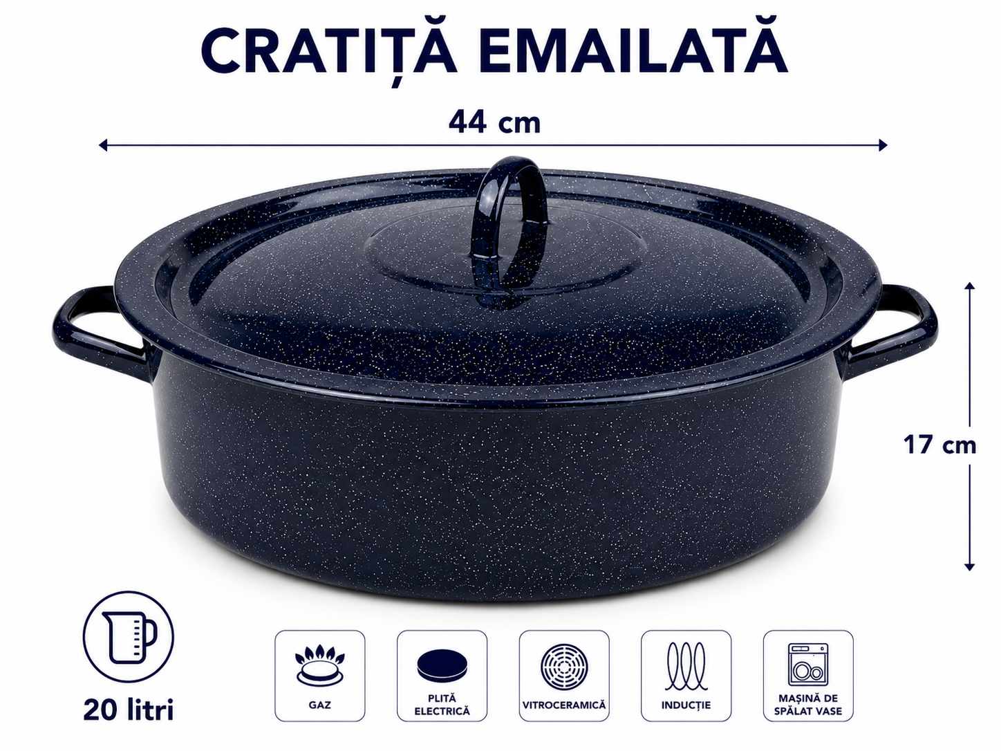 Cratita Emailata Neagra cu Picatele si Capac 20 Litri 44 cm