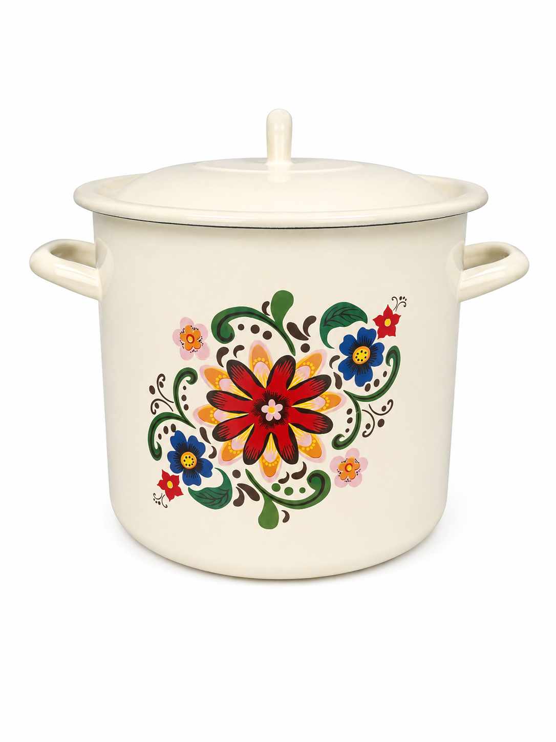 Oala Emailata cu Capac si Decor Floral 19 cm 2 L Crem