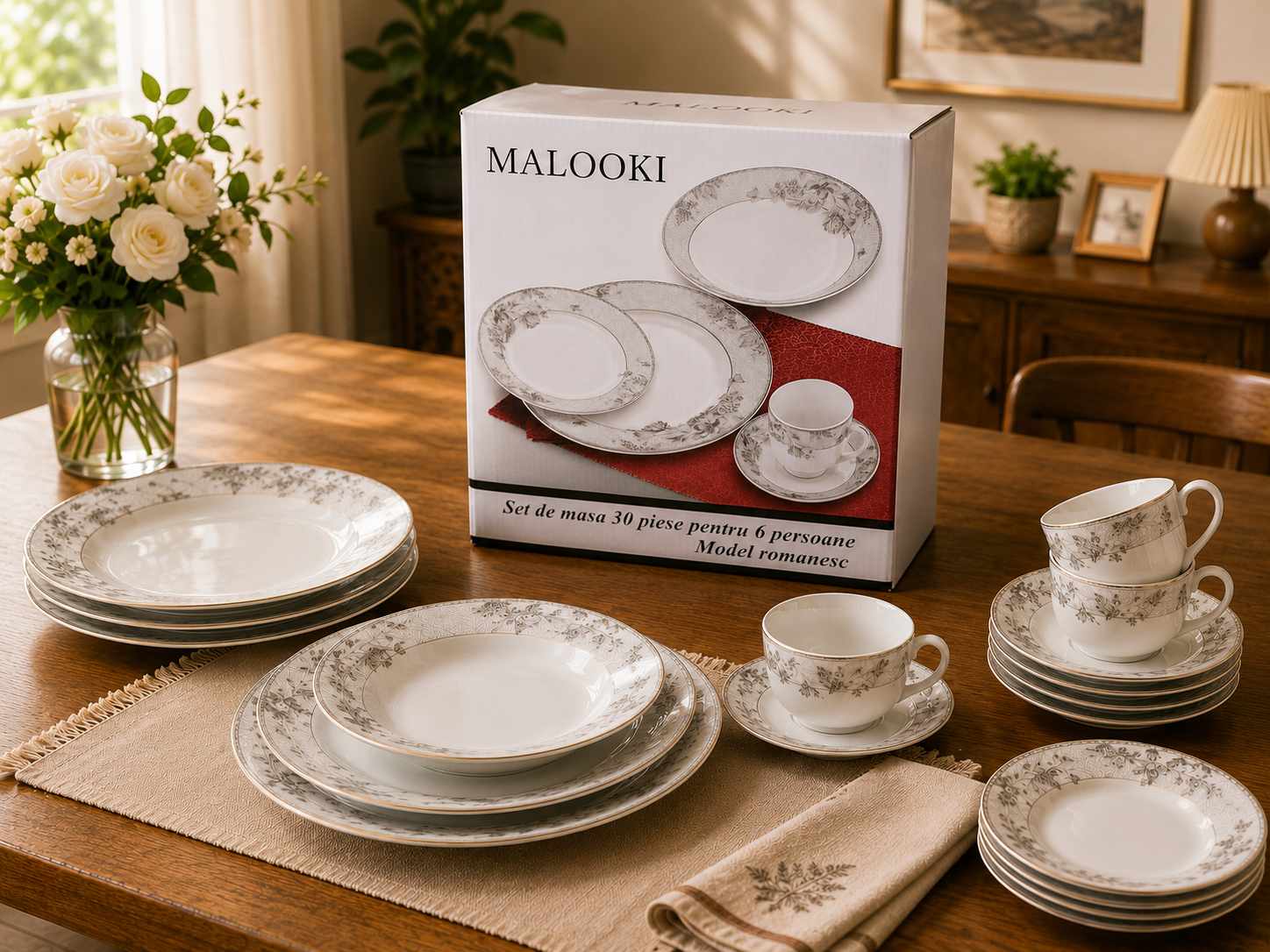 Set Masa Malooki 30 Piese pentru 6 Persoane Model Romanesc Portelan Decor Floral