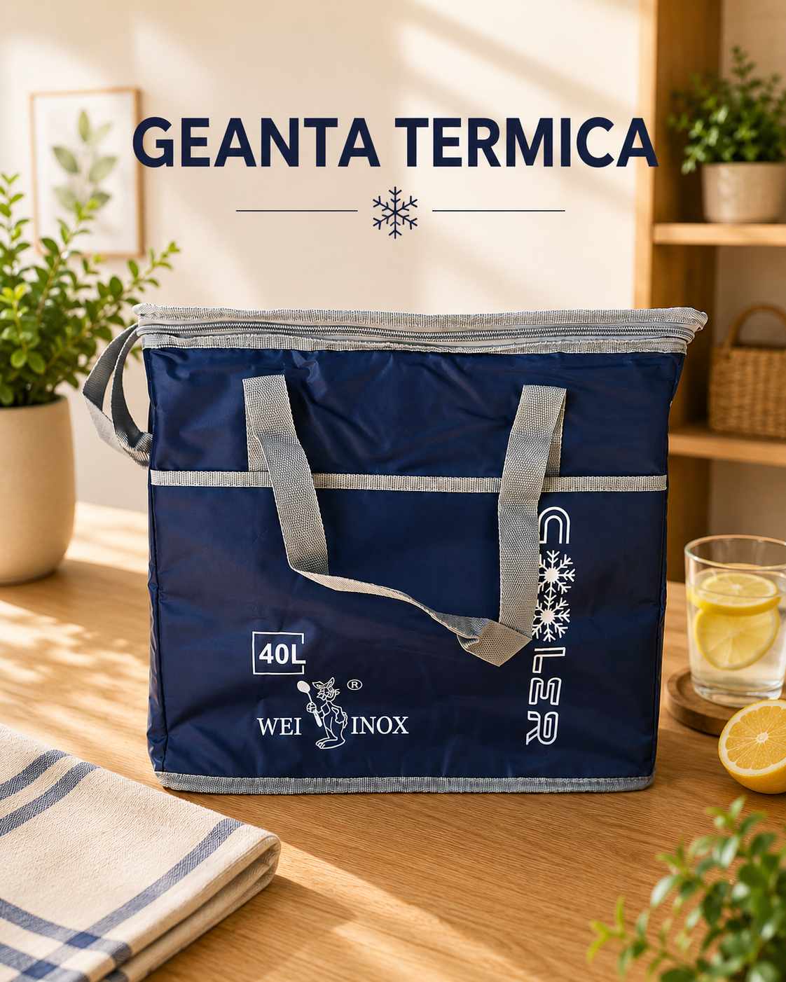 Geanta Termica 40 Litri Albastra cu Interior Termoizolant pentru Picnic si Cumparaturi