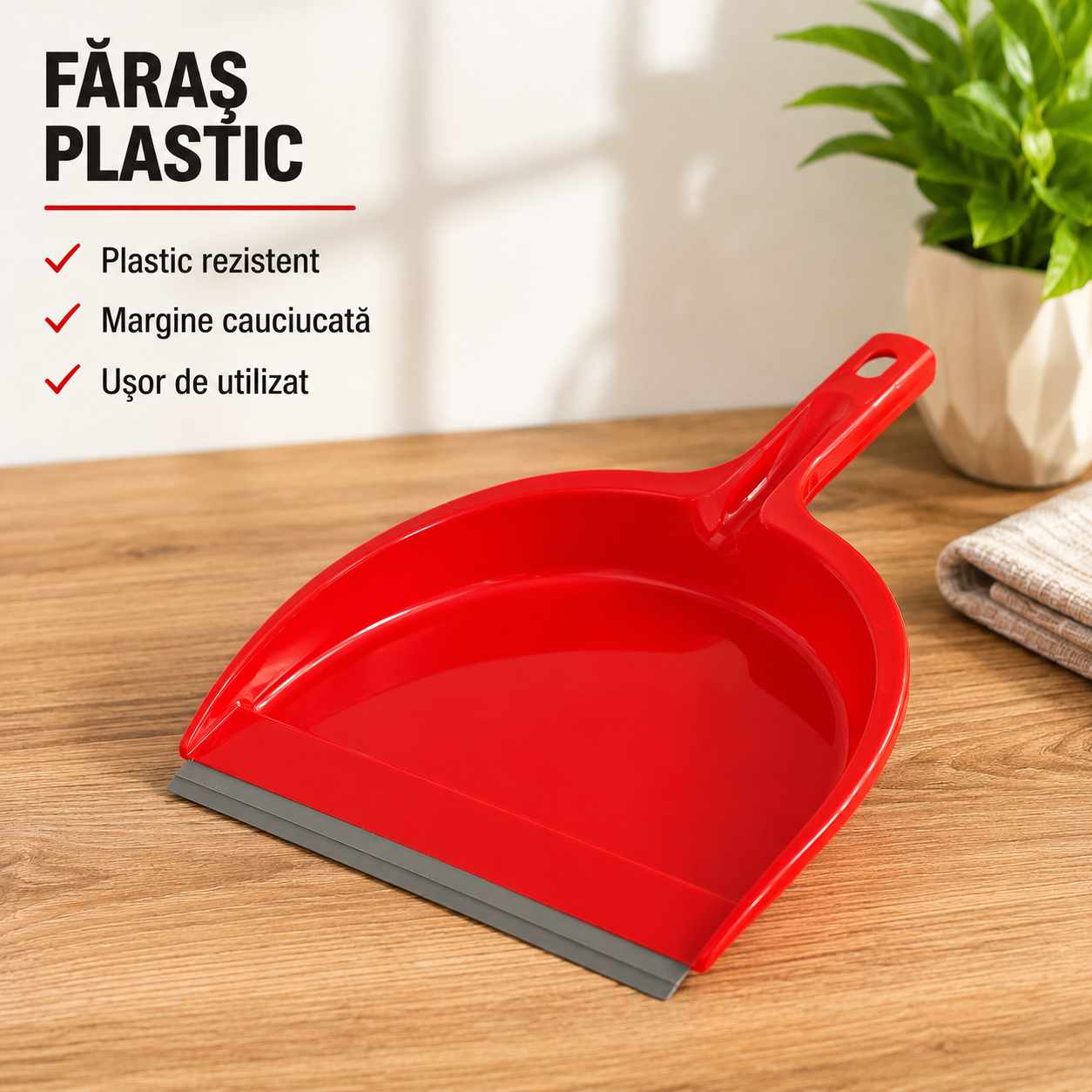 Faras Plastic cu Margine Cauciucata Rosu pentru Curatenie