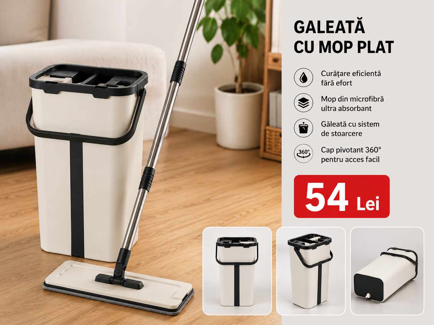 Galeata cu Mop Plat si Sistem Stoarcere Mop Microfibra Rotire 360 Grade
