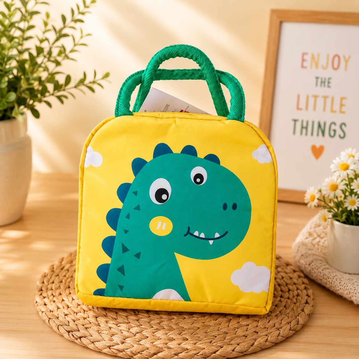 Geanta Termica Copii Model Dinozaur Verde 23x20 cm pentru Alimente si Gustari