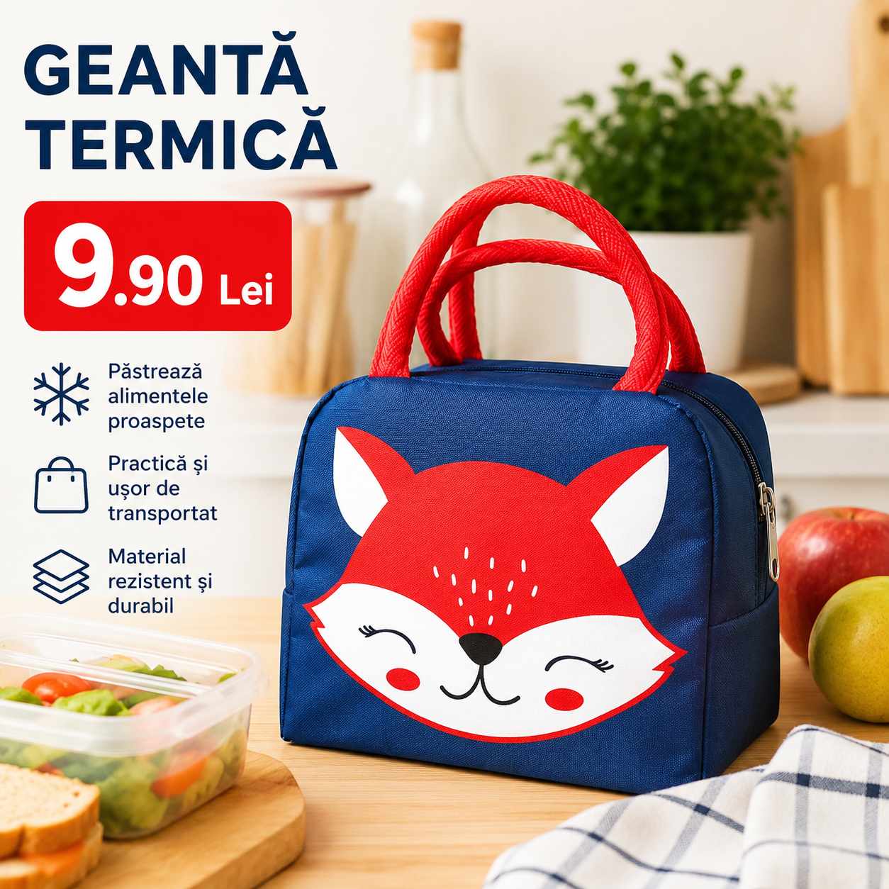 Geanta Termica Copii Model Vulpe 23x20 cm pentru Alimente si Gustari