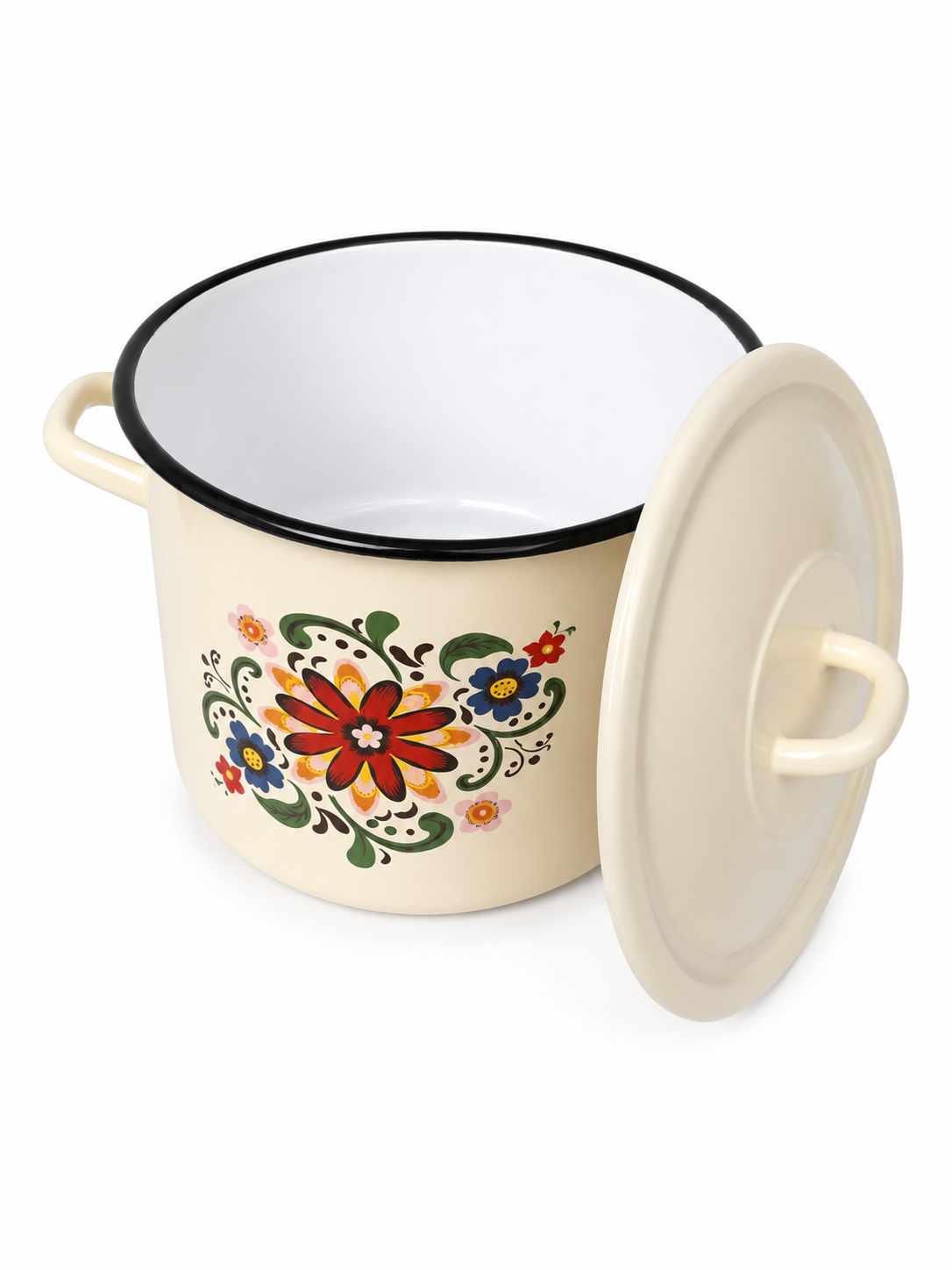 Oala Emailata cu Capac si Decor Floral 19 cm 2 L Crem