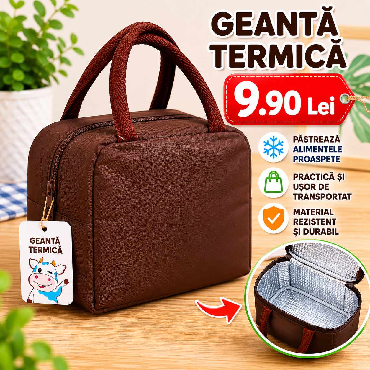 Geanta Termica Copii Model Vacuta 23x20 cm pentru Alimente si Gustari