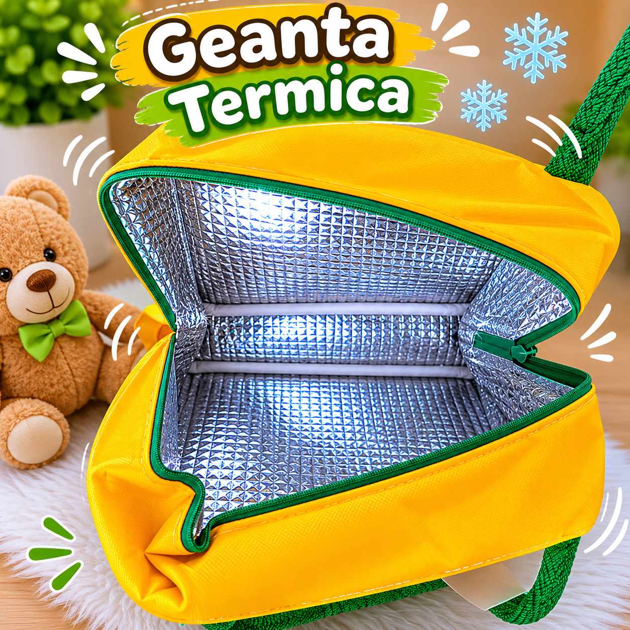 Geanta Termica Copii Model Dinozaur Verde 23x20 cm pentru Alimente si Gustari
