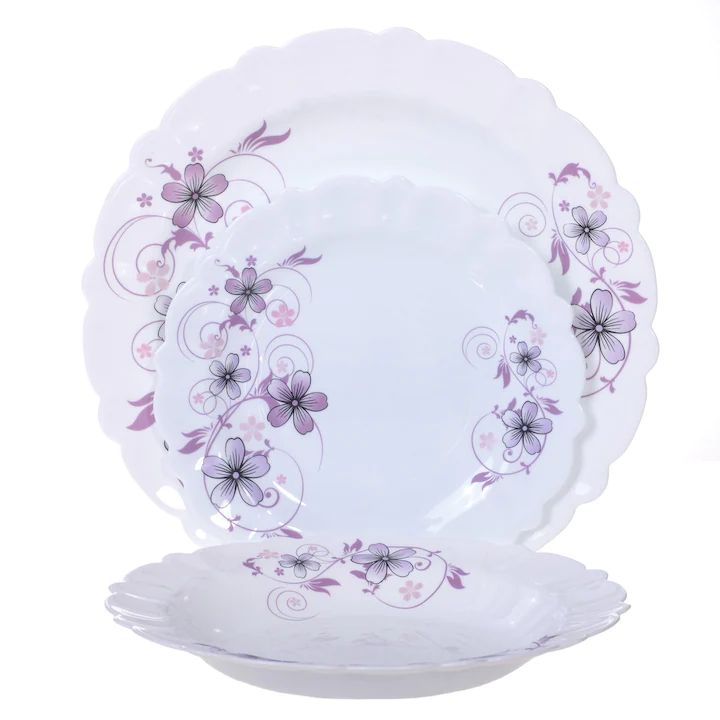 🌸 Serviciu de masă Eljado 18 piese – Opal Glassware – Model floral mov, design francez 🇫🇷