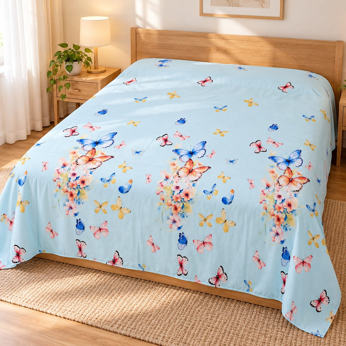 Lenjerie de pat cu pilota matlasata 4 piese 200x230 cm albastru deschis cu fluturi