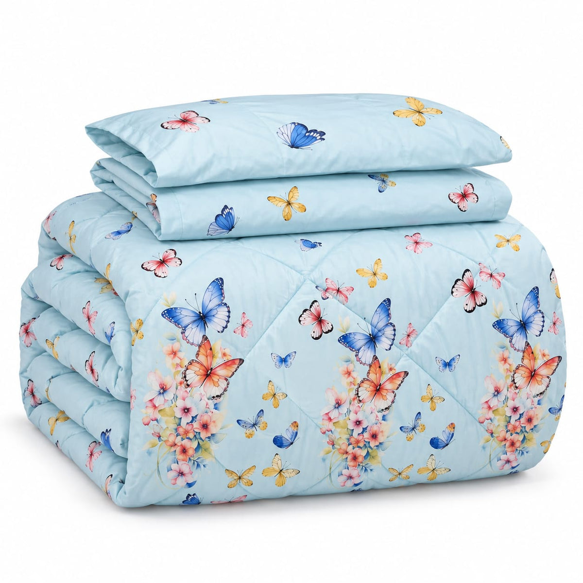 Lenjerie de pat cu pilota matlasata 4 piese 200x230 cm albastru deschis cu fluturi