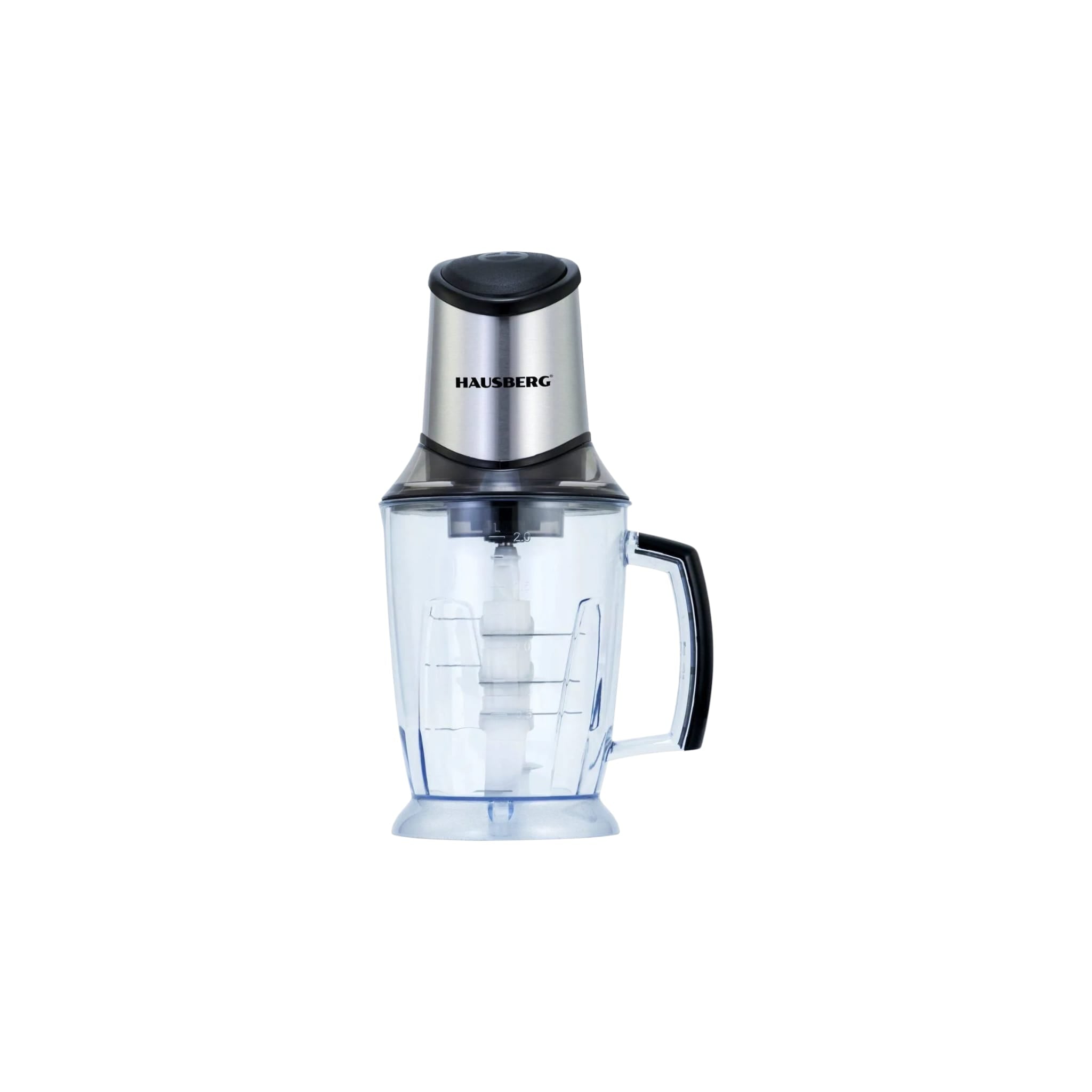 Tocator electric HAUSBERG HB-4508IN, 500-700W, 1 treapta de viteza, 2 litri, bol din plastic, 8 cutite cu lame din otel inoxidabil, argintiu