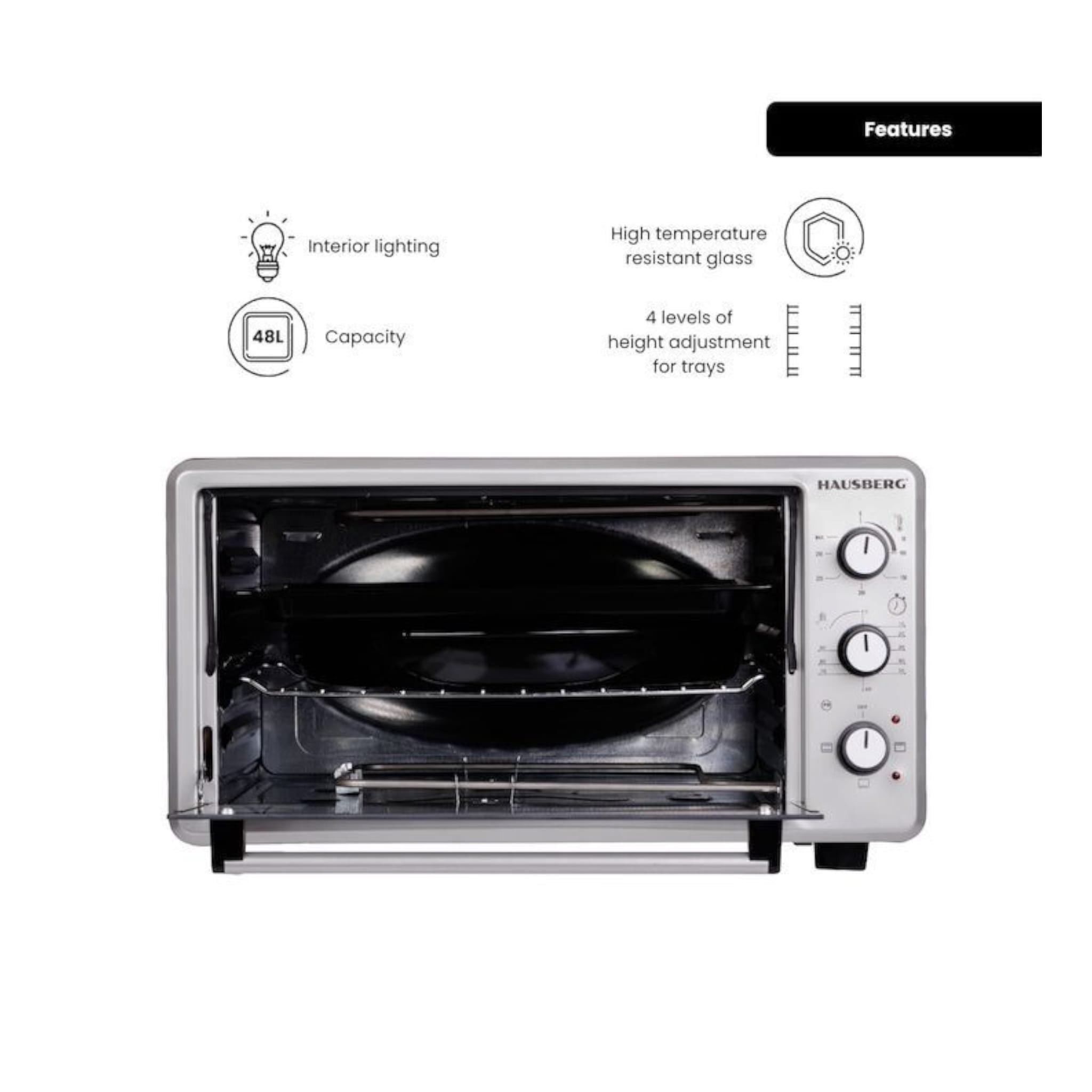 Cuptor Electric Hausberg HB-8000P capacitate 48 Litri, putere 1800W, Temperatura maxima 230 grade, timer prevazut cu alarma sonora