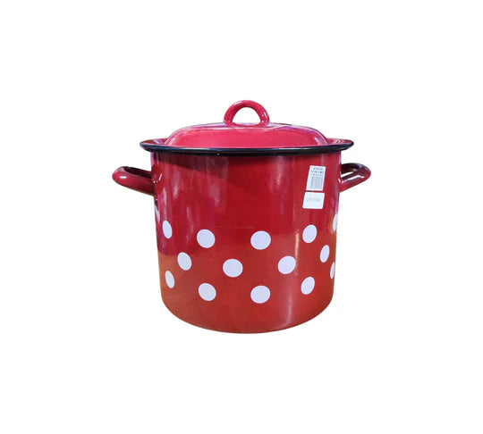 Set 3 piese oale & cratiță emailate cu capac (8 L + 3,5 L + 5 L) – roșu cu buline + CADOU paletă & pensulă silicon